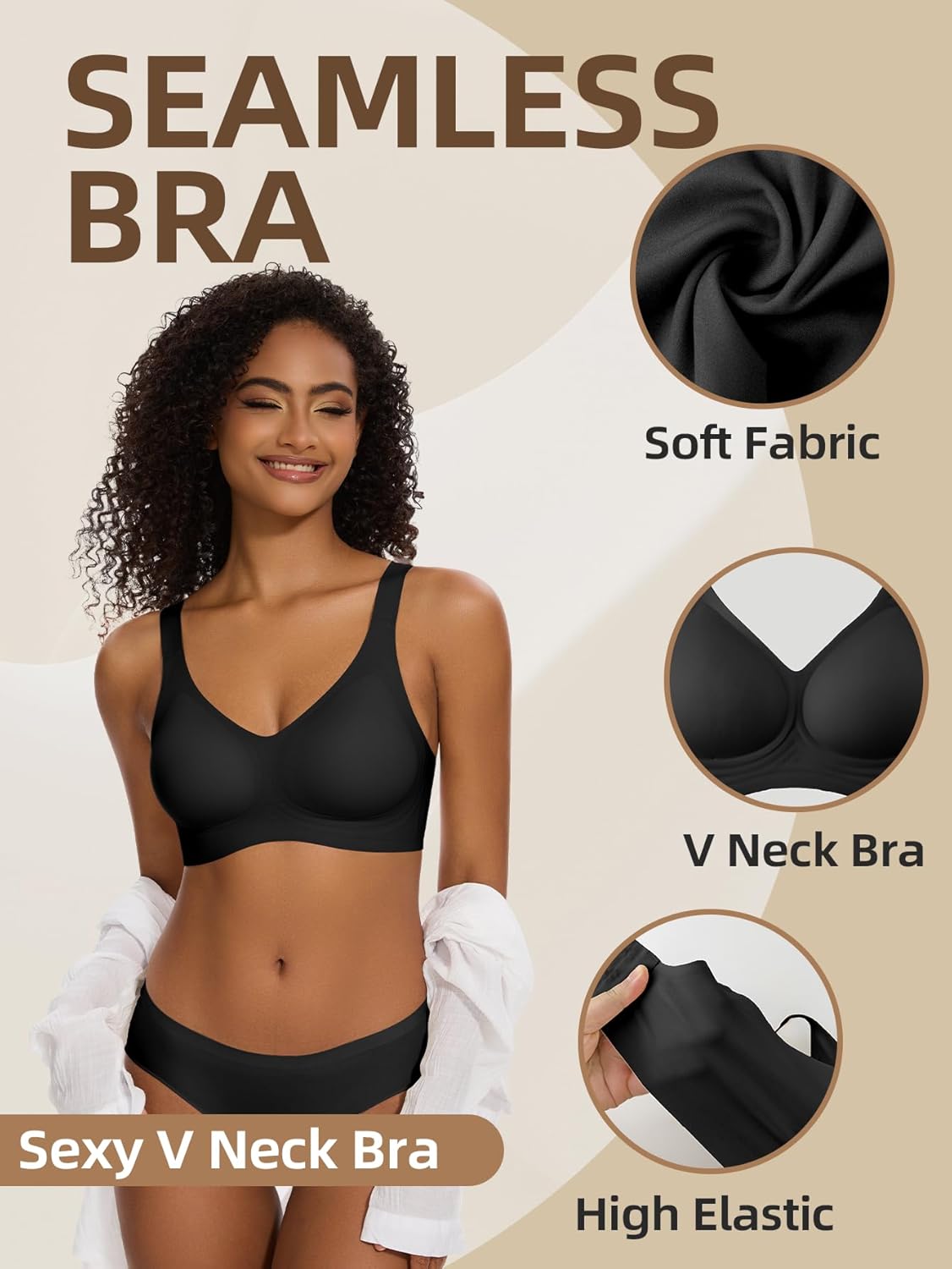 Deep V Bra Low Cut Plunge Bras V Neck Wireless Bralette Padded Seamless Bra with Scalloped Edges - Image 5