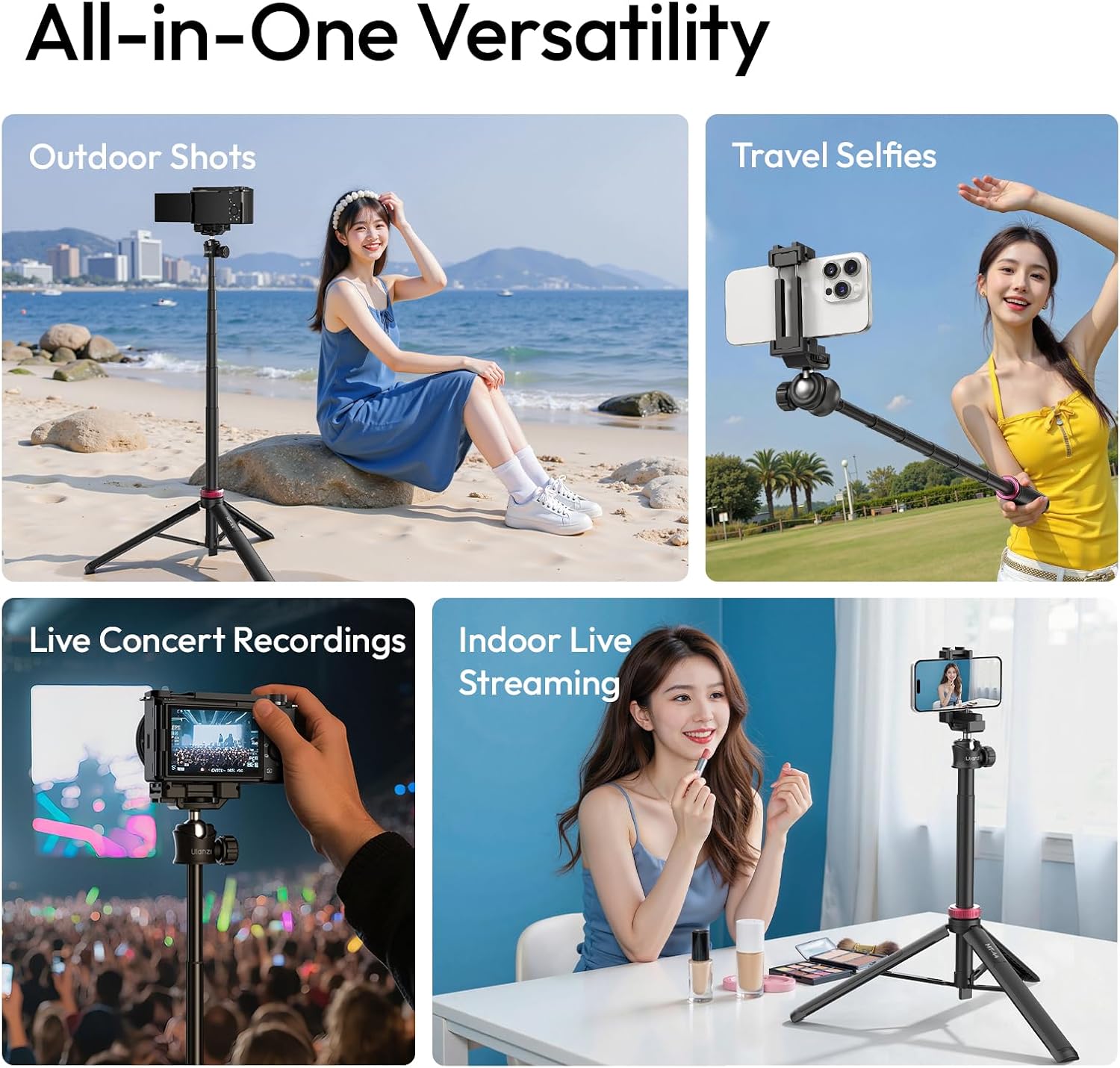 ULANZI MT-44 Auto Open Phone Tripod, 59" Extendable Phone Stand for iPhone 17 Pro Max Camera Luna Pocket 4, 360°Ball Head Selfie Stick Tripod for Vlog, Live, Travel, Video Recording, Black