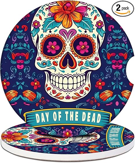 Car Cup Holder Coaster - Sugar Skull Absorbent Ceramic Coaster, Dia de Los Muertos Drink Cup Holder Coasters, Auto Interior Accessories, Drink Cup Holder Coasters for Women & Men Pack of 2