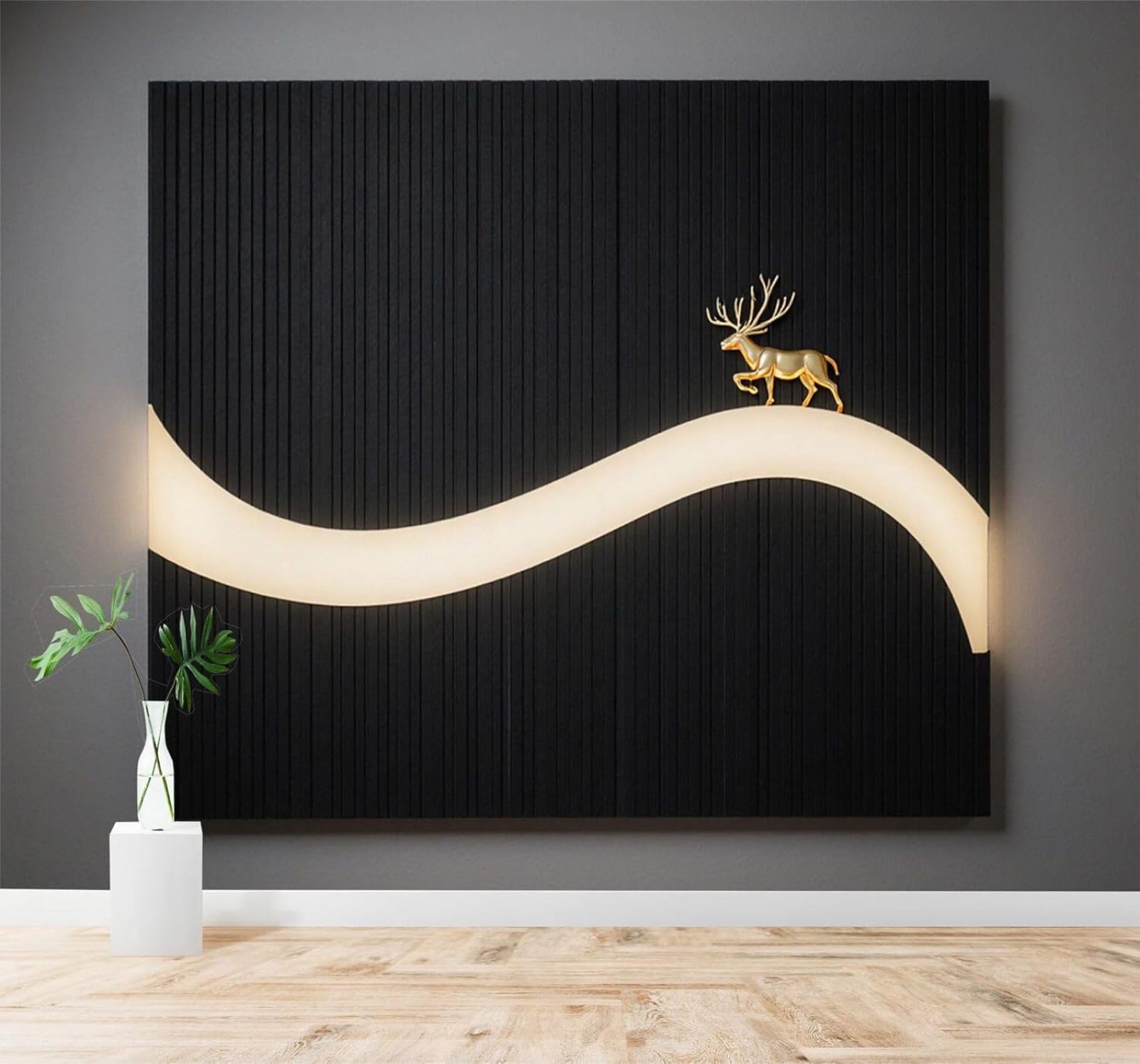 Xlming 150Cm×105Cm(B×H) Minimalist Three Dimensional Golden Deer Curved Light Path Black Stripes 3D Wallpaper Silky Texture Home Study Office Grey Dining Room Sofa Bedroom Living Room Tv Backdrop-150Cm×105Cm