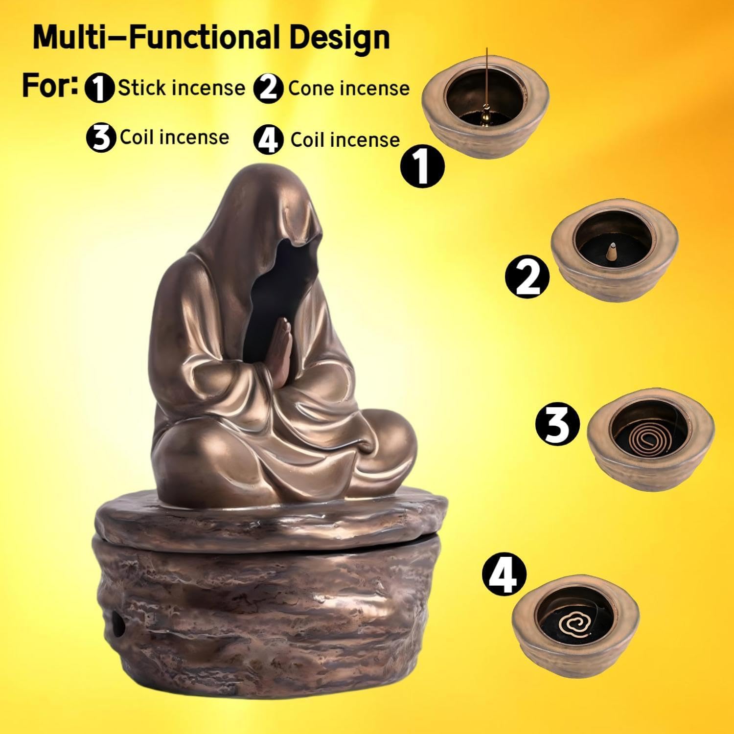 Ceramic Faceless Buddha Incense Burner - Cone/Coil Incense Holder for Zen Meditation, Home Decor to Ward Off Negativity