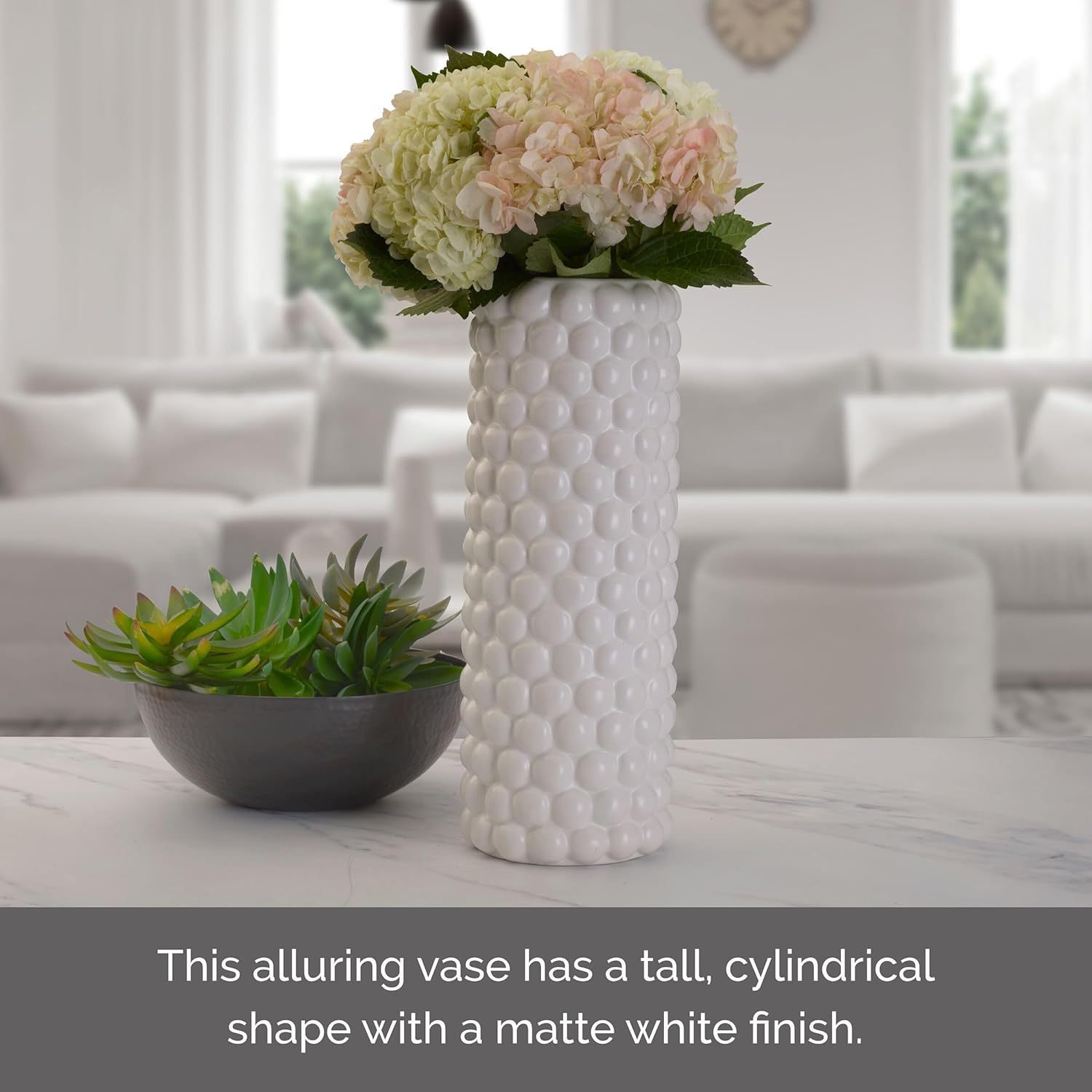 Elements Ceramic Textured Dot Vase, for Use with Dried or Faux Flowers and Greenery, 5.91x5.91x15.94 Inch, White