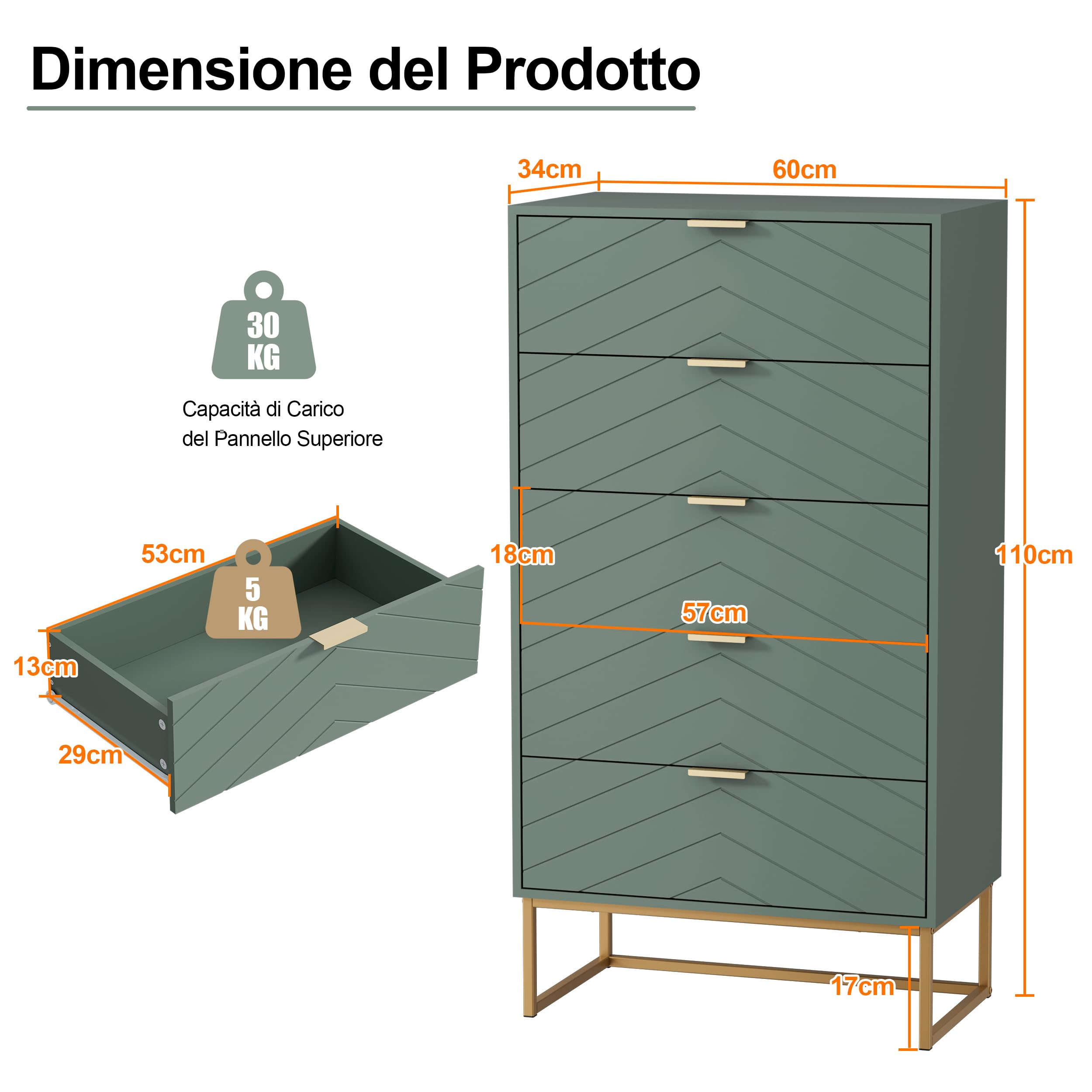UEV Cassettiera Camera da Letto, Settimino con 5 Cassetti e Motivo di Linea, Mobiletto Moderno e Pratico, Sicuro Design Antiribaltamento, 60x34x110cm, Verde
