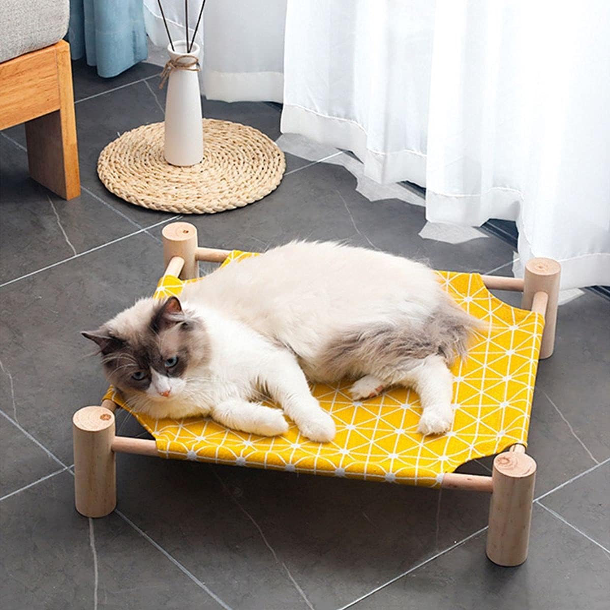 Summer Puppy Breathable Canvas Wooden Elevated Hammock Cat Sofa Pet House Cat Bed(G) : Pet Supplies