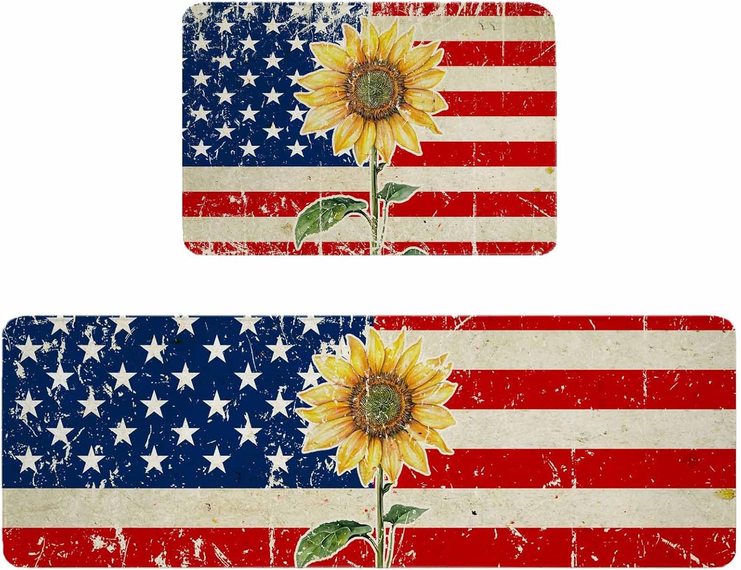 American Flag Kitchen Rugs and Mats Set of 2, Non-Slip Kitchen Sink Mat, Sunflower Vintage USA Flag Washable Doormat Bathroom Rugs Runner for Bedroom/Living Room 17.7"x30"+17.7"x59"