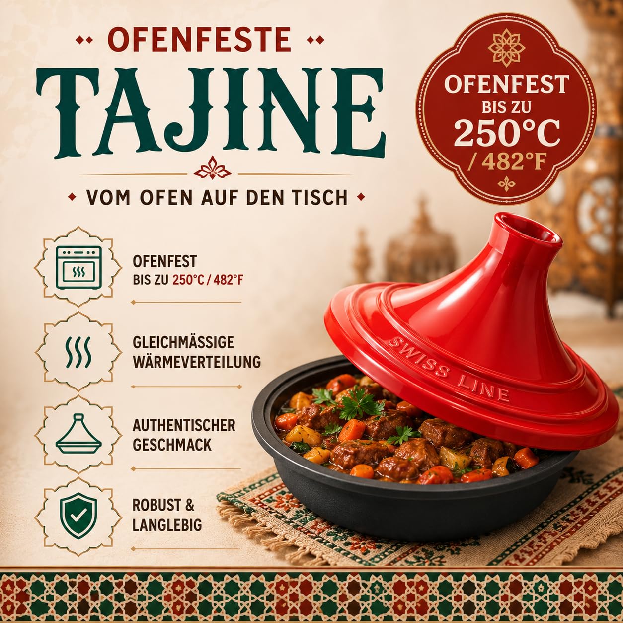Swiss Line Tajine Topf 30 cm Gusseisen mit Keramikdeckel – Marokkanischer Schmortopf für 2–5 Personen, Induktion, Backofen & Grill