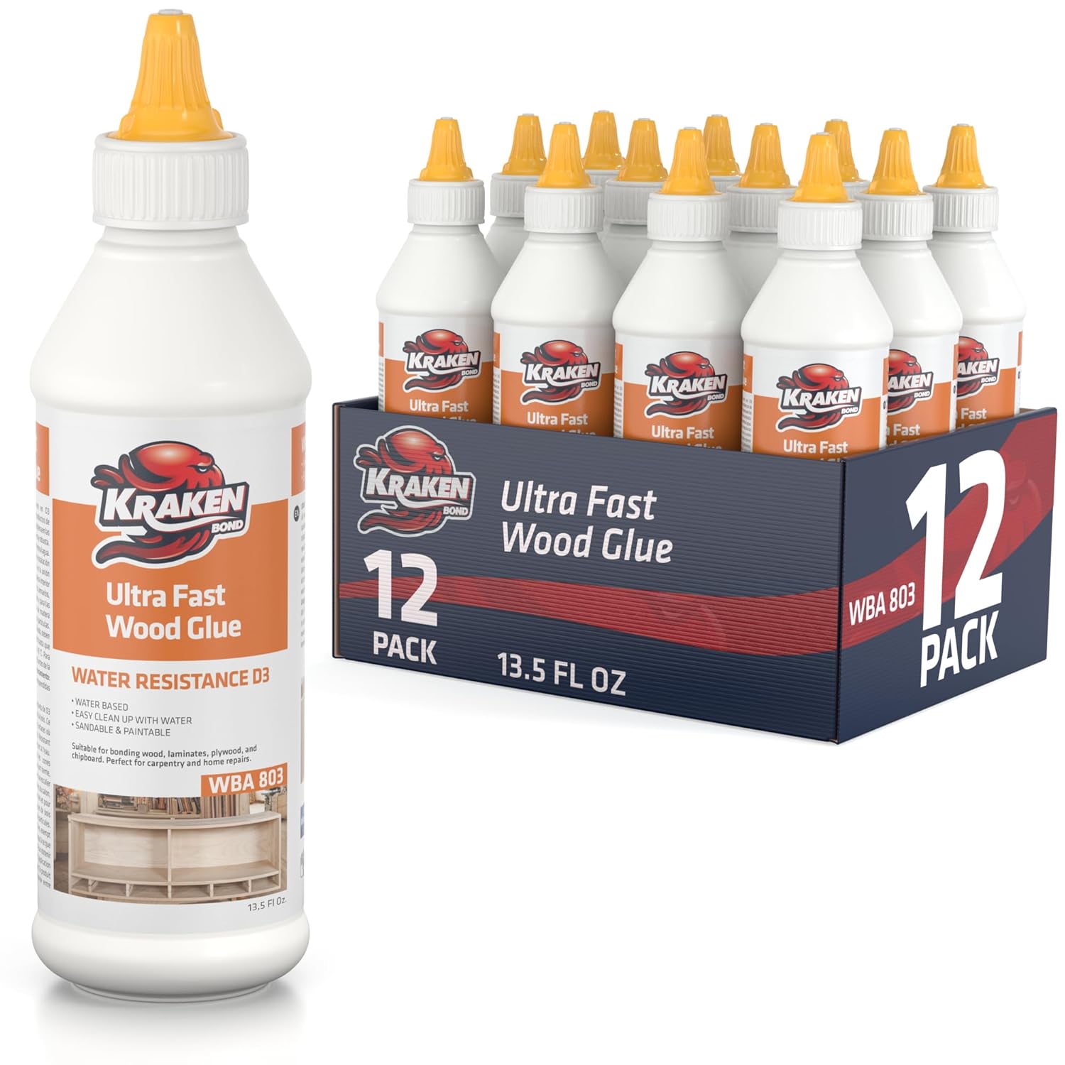 Kraken Bond D3 White Super Wood Glue - (12x13.5 fl.oz) PVA Heavy Duty Wood Glue for Repair, Woodworking, Furniture Assembly & Creative Crafts - Clear Drying Water Based Carpenter Glue - 12 Pack