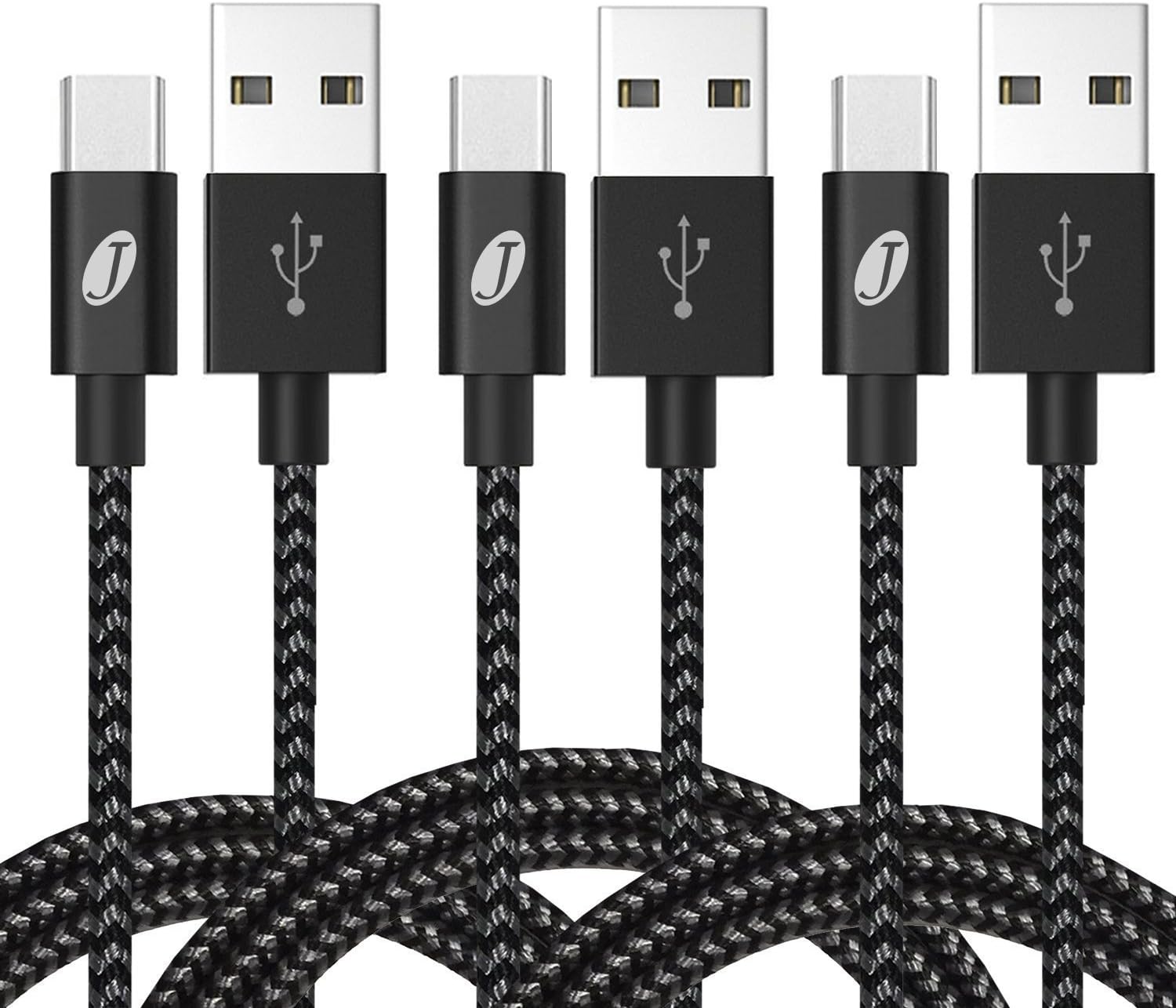 [3 Pack 2m] Type C Cable, Jecent 6.6ft Long Nylon Braided USB C Charger Cable Fast Charging Lead Cord for Samsung Note 8 S8/S8+, LG G5/G6, Nexus 5X/6P, Onplus 2/3T, Sony Xperia XZ (Sliver Black)
