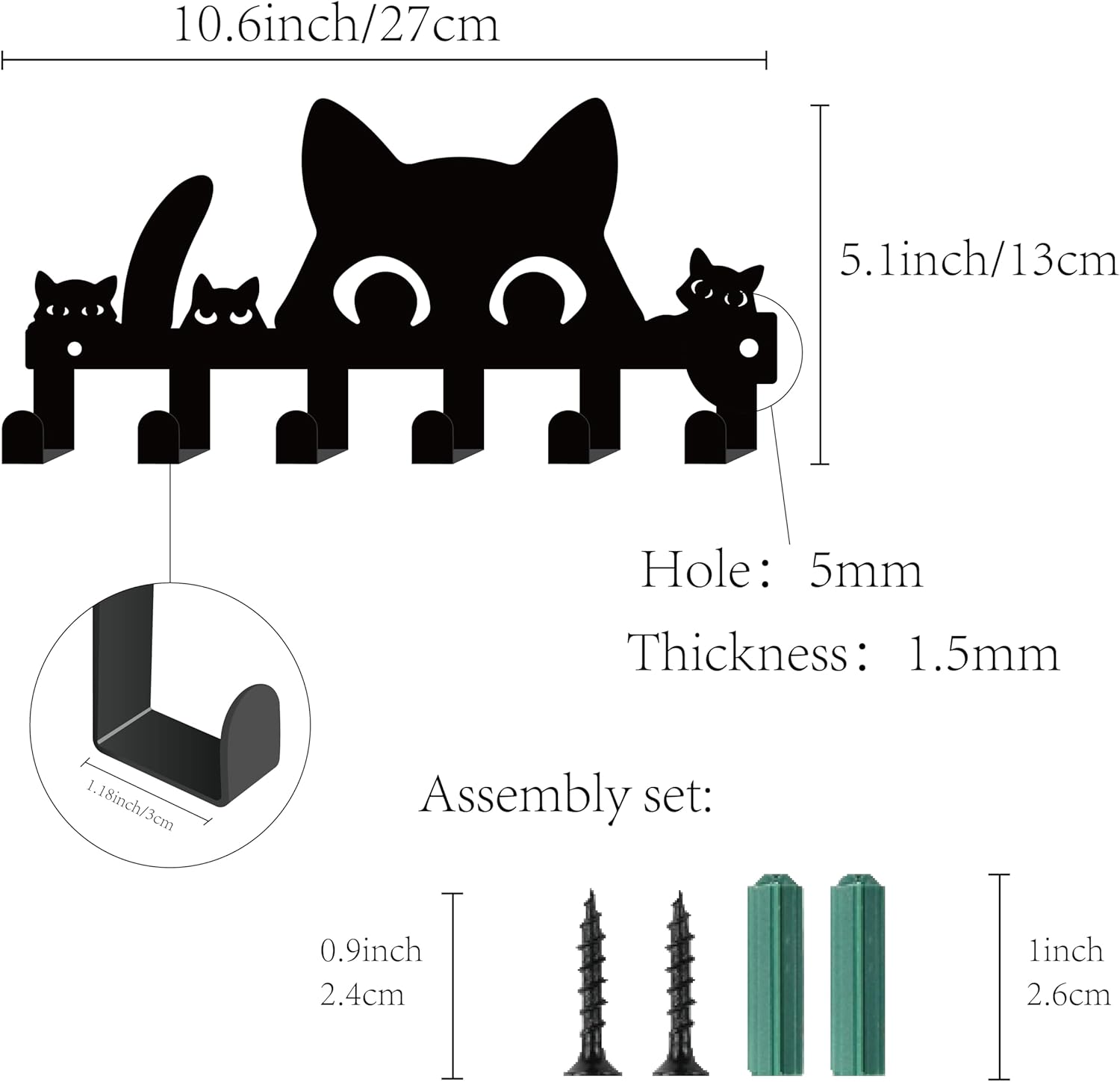 CREATCABIN Black Cat Key Holder for Wall Mounted Key Hook Metal Key Hanger Holder with 6 Hooks Metal Key Hanging Organizer Rack Wall Decor Hook for Entryway Front Door Hallway Office 10.6x5Inch