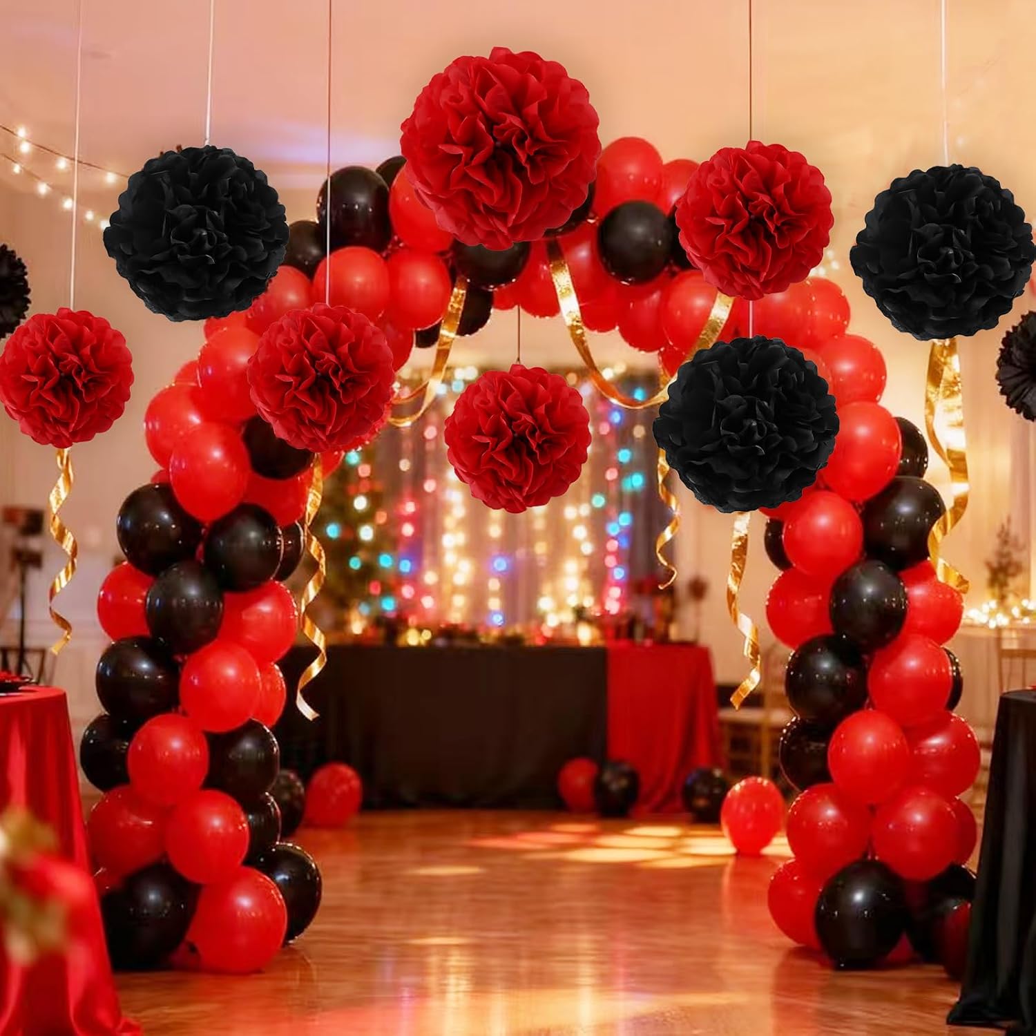 BEISHIDA Red Black Tissue Hanging Paper Flowers Ball Decorations Set for Birthday Graduation Baby Shower Wedding Festival Photo Booth Backdrops Home Outdoor Party Supplies(13 Packs)