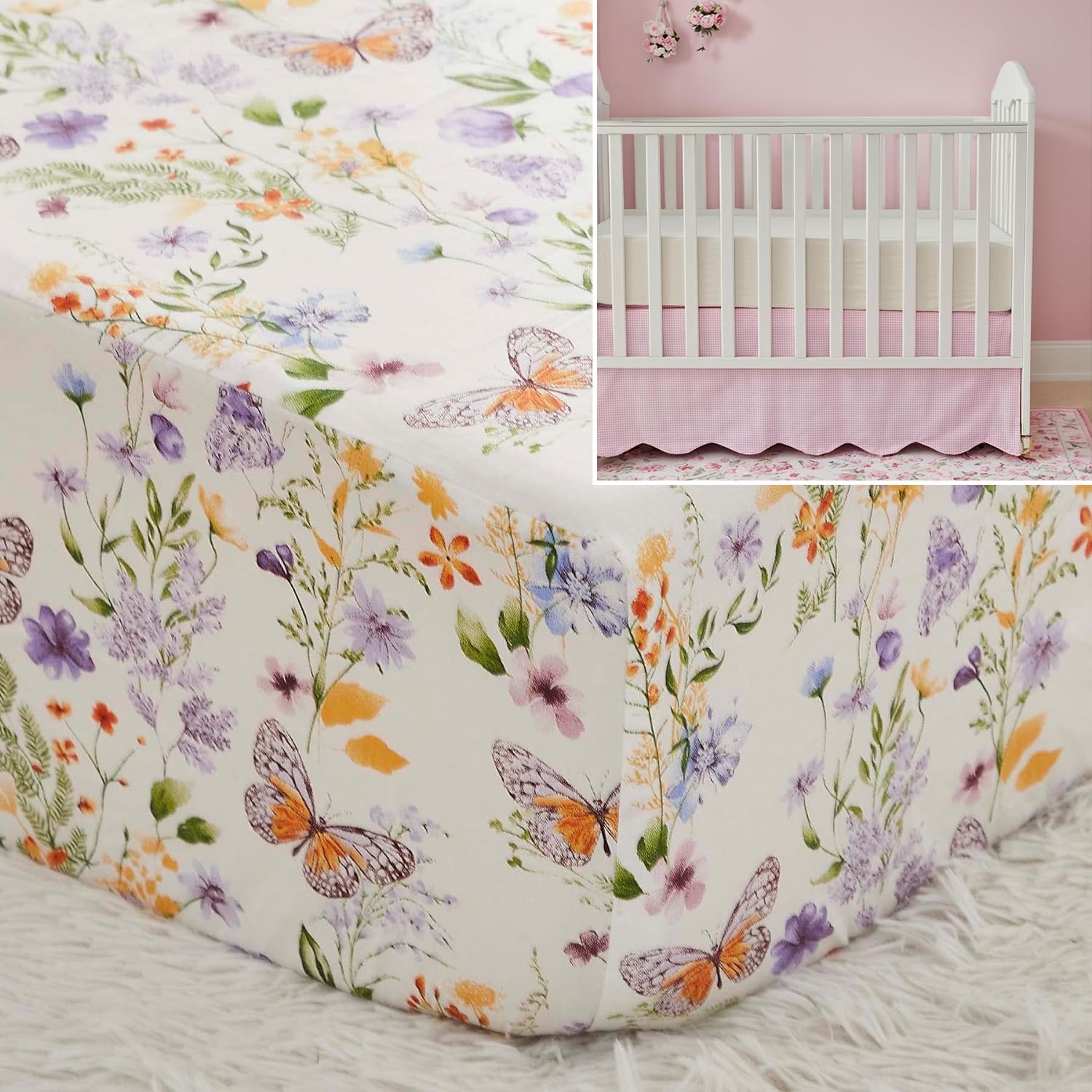 Brandream Crib Sheet & Crib Bed Skirt 100% Cotton Scallop Edge Farmhouse Chic Baby Nursery Bedding Set