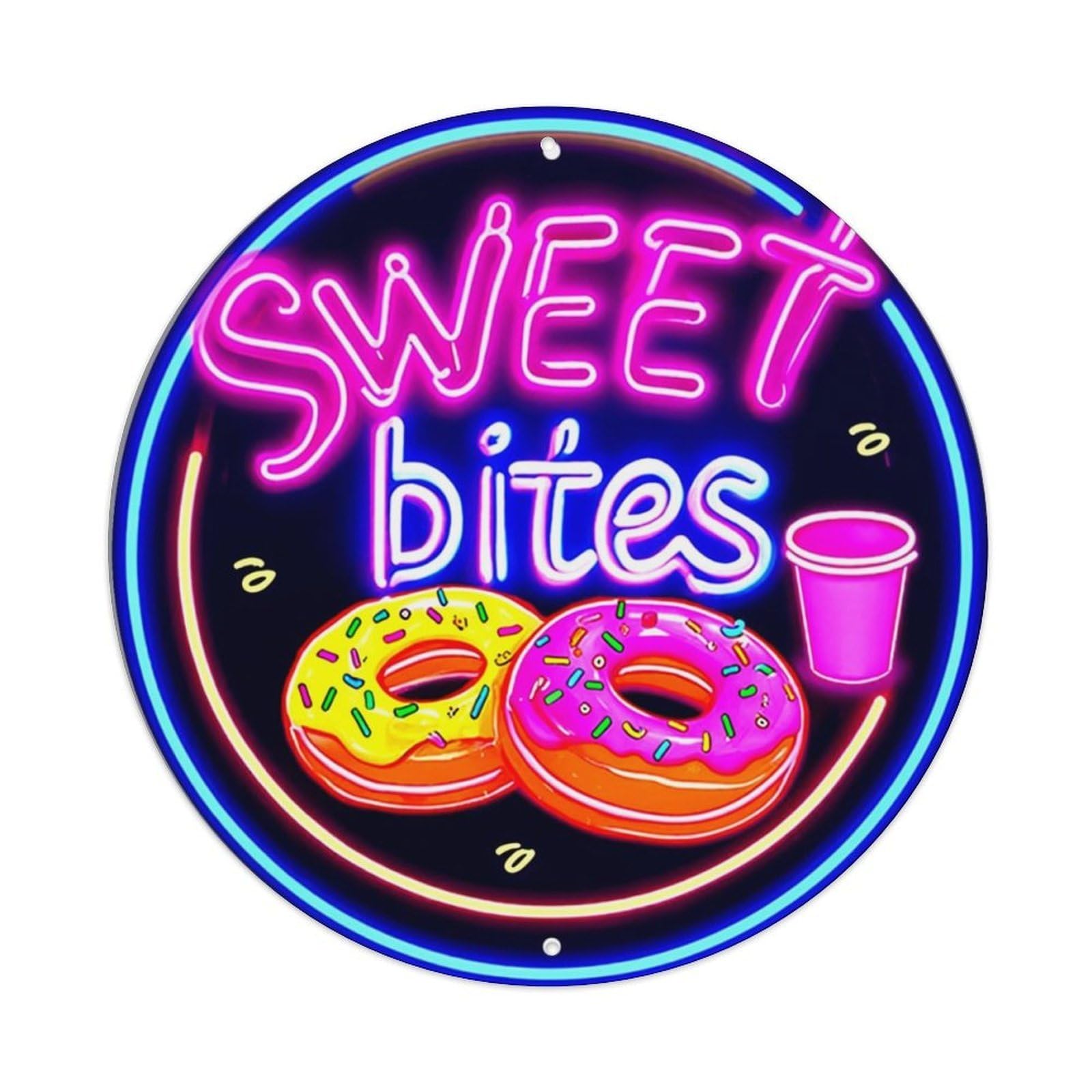 Sweet Bites Neon Donut Sign Tin Sign Metal Poster Vintage Metal Signs for Home Man Cave Bar Cafe Kitchen laundry room Wall Decorations 8x8 inches