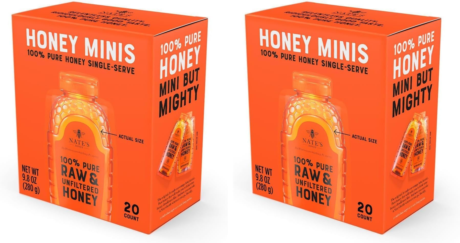 Nate's Honey Minis - Single-Serve 100% Pure, Raw & Unfiltered Honey – 0.49oz Packets, 20ct box (Pack of 2)