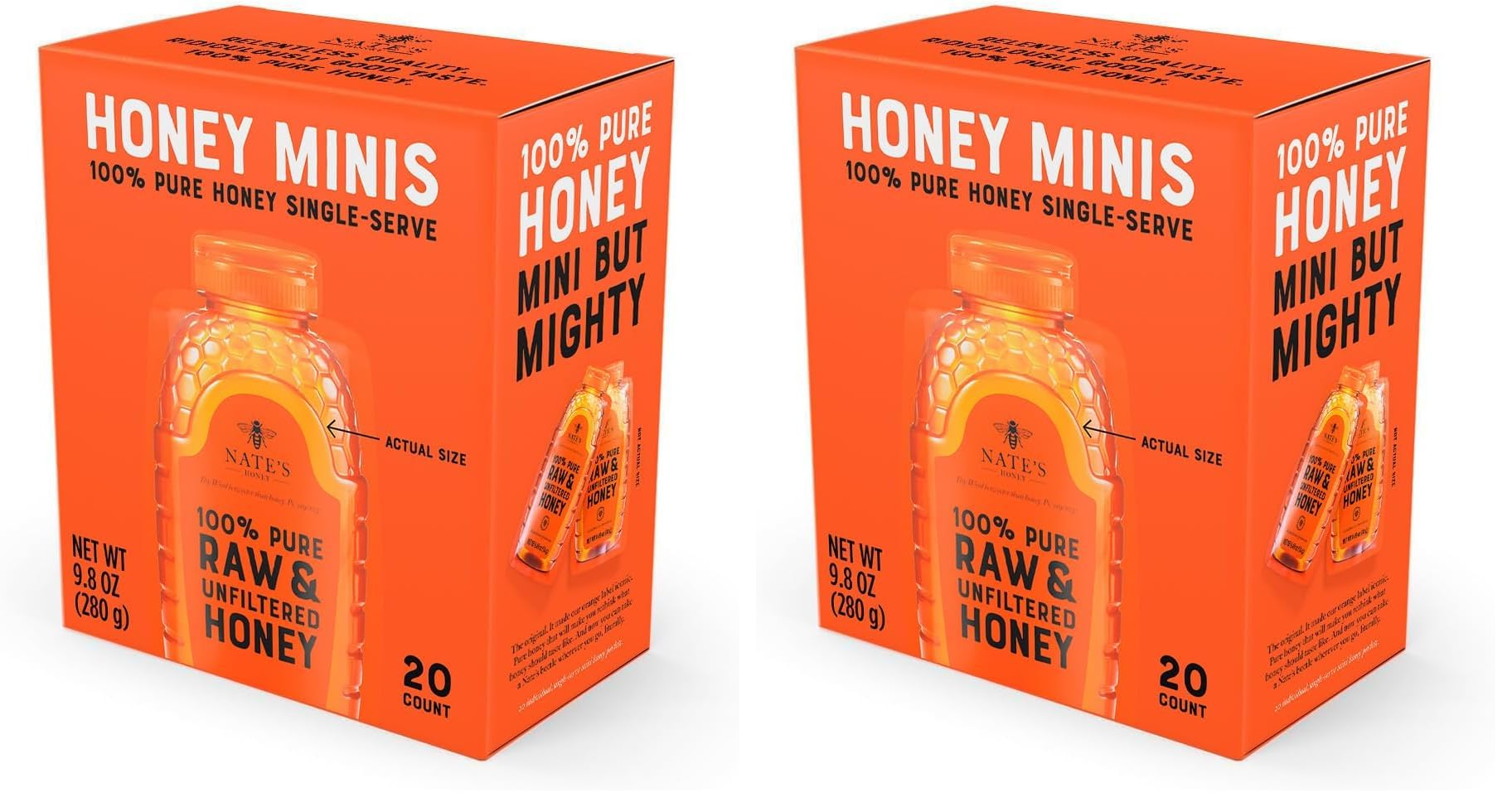 Nate's Honey Minis - Single-Serve 100% Pure, Raw & Unfiltered Honey – 0.49oz Packets, 20ct box (Pack of 2)