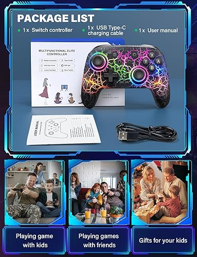 Vista 8 de ZRZLMVP Switch Controller Wireless for Nintendo Switch/OLED/Lite/Switch 2, 1000mAh Rechargeable Pro Controllers with 9 Colors LED Light, Switch Negro