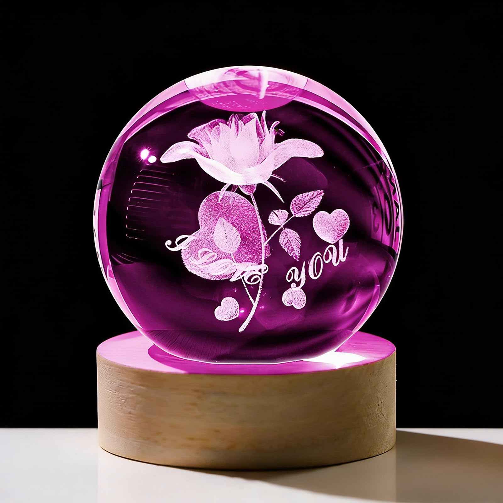 ANBET Rose 3D Crystal Ball Lamp Battery Powered (Not Included), Crystal Glass Ball Romantic Glass Ornaments Decorations for Women Bedroom Home Valentine's Day Mother's Day Anniversary
