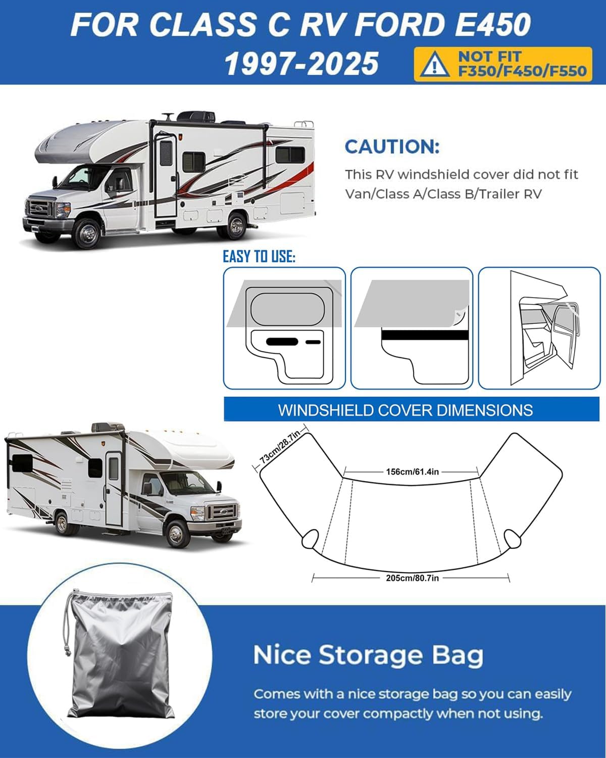 RV Windshield Cover for Class C Ford E450 1997-2025 Motorhome,Windshield Snow Cover for Ice and Snow, RV Front Window Sunshade Cover Block UV Ray Heat RV Accessories [with Snow Brush Ice Scrapers]