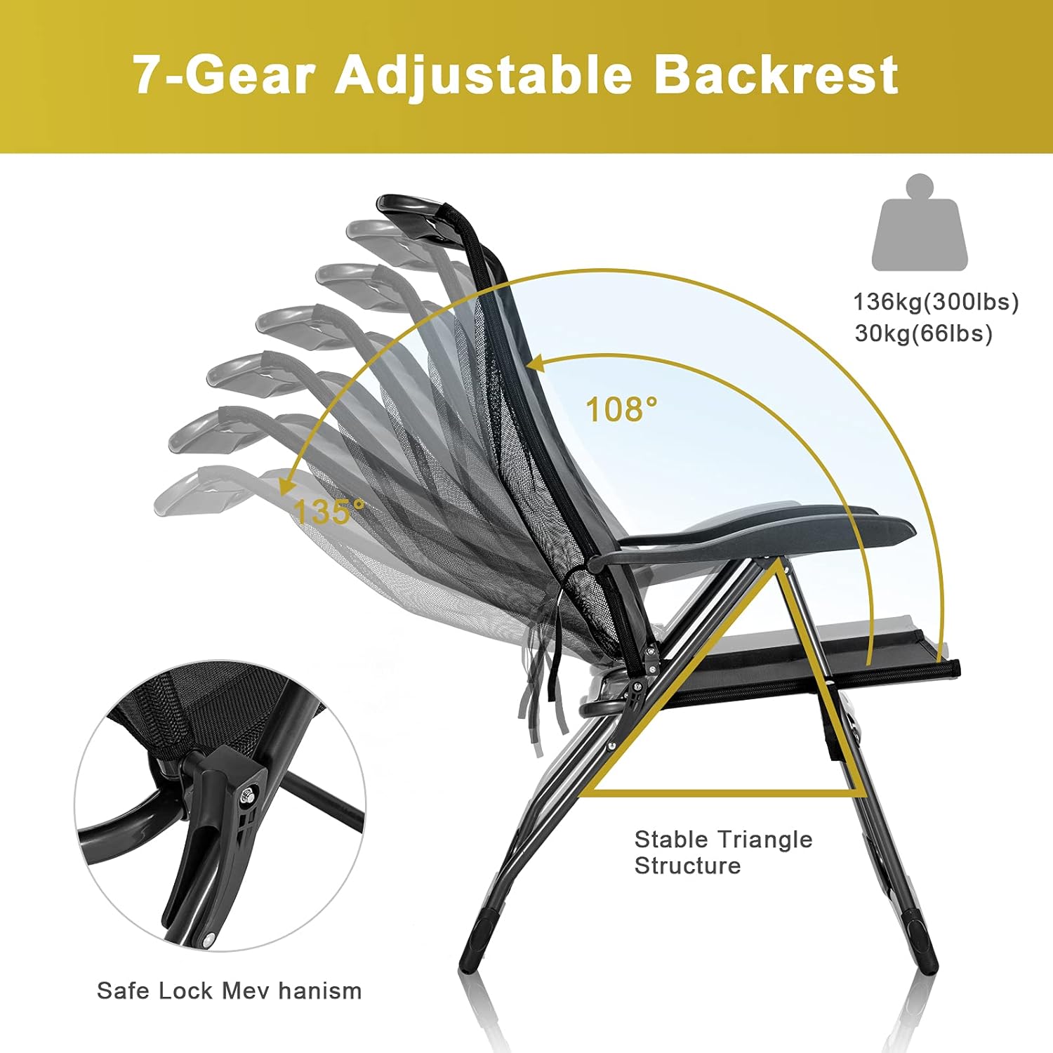 Giantex 4 Pcs Folding Patio Chairs with Footrest, Adjustable Back, 2 Pack Outdoor Portable Sling Patio Dining Chairs for Camping Lawn Bistro Porch Garden Yard Pool, Black