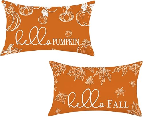 ONWAY Juego de 2 fundas de almohada otoñales de 12 x 20 pulgadas, diseño de calabaza, hojas de arce y calabaza, decoración de otoño, para