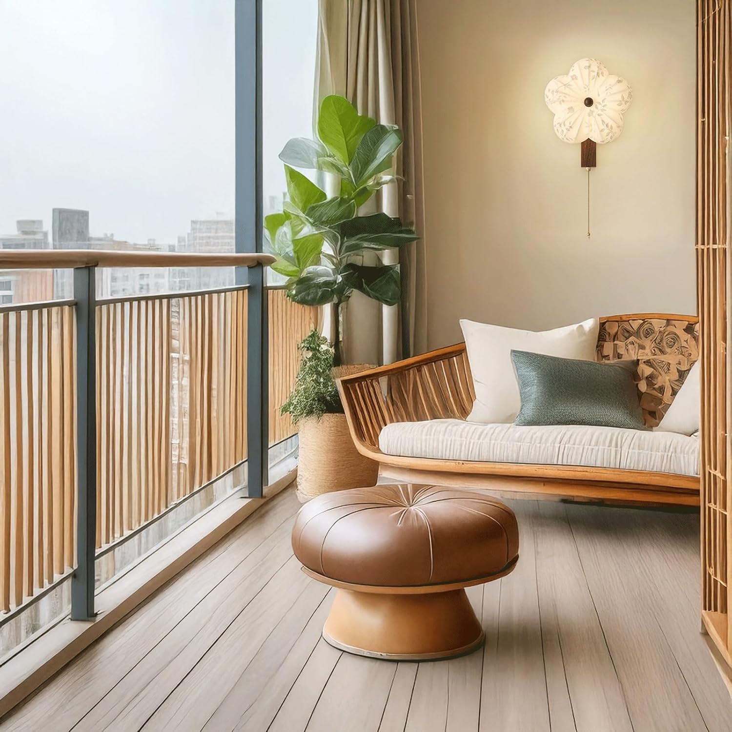 Modern Style Wall Sconce Dark Wood Grain Iron & Fabric Flower Shade LED Wall Lamp with Pull Chain Unique Creative for Living Room Bedroom Hallway Apartment Hotel Café Entryway Art Decor