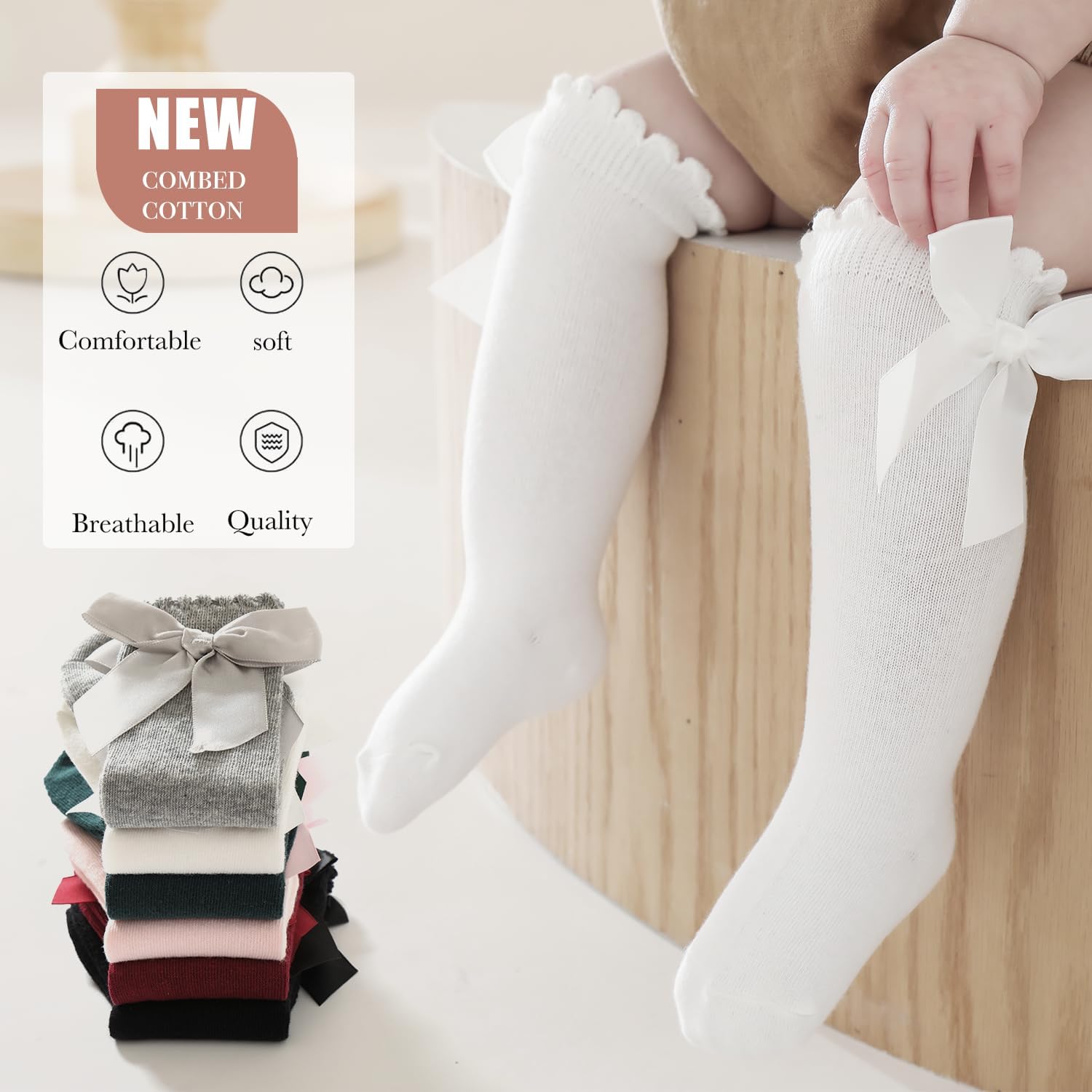 Baby Knee High Socks Newborn Cotton Ruffle Bow Socks Infant Long Sock Toddler Girls Uniform Stockings