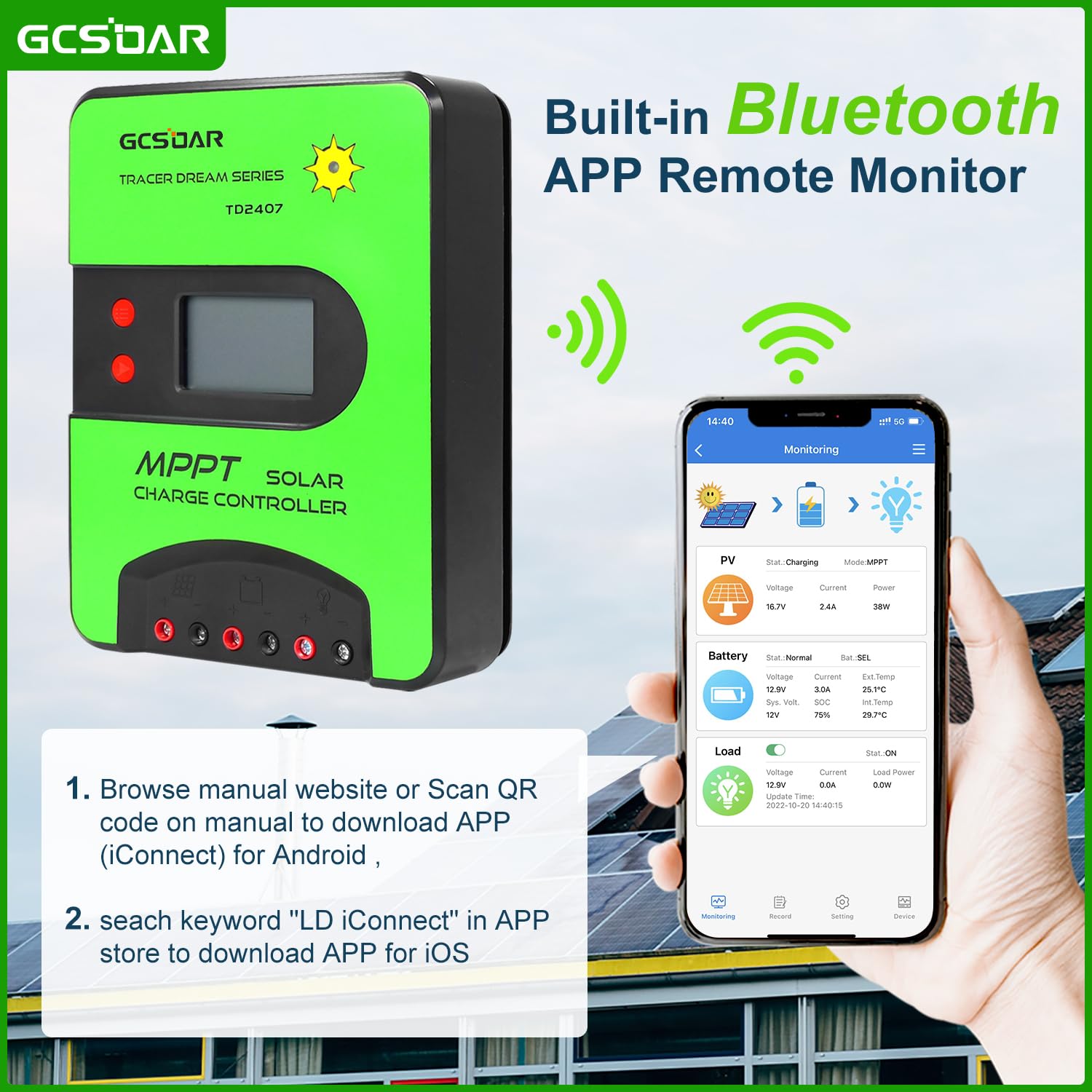 Regolatore di carica solare MPPT, 40 A, 12 V / 24 V automatico, max PV 100 V, modulo Bluetooth integrato, controllo remoto via APP, regolatore di carica per pannello solare per batteria Gel