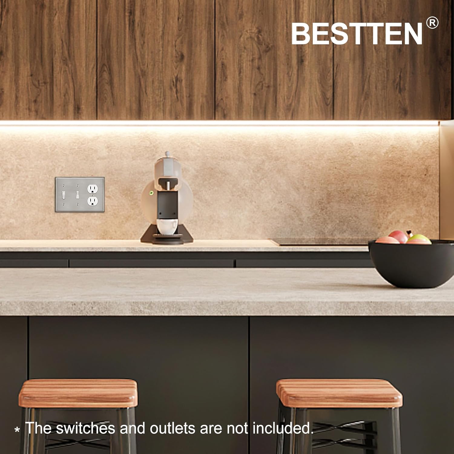 [2 Pack] BESTTEN 3-Gang Combo Metal Wall Plate with Protective Film, 1-Duplex/2-Toggle, Standard Size, Corrosion-Resistant Stainless Steel Outlet and Switch Cover, Brushed Finish, Silver