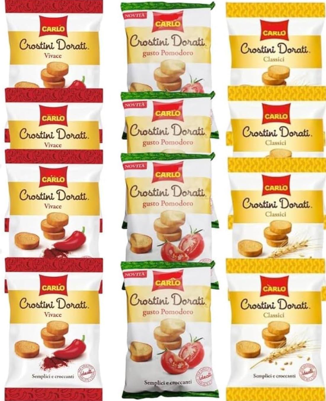 12 x 75g San Carlo Crostini Dorati, Confezione Assortita con Gusto Pomodoro, Classici e Vivace