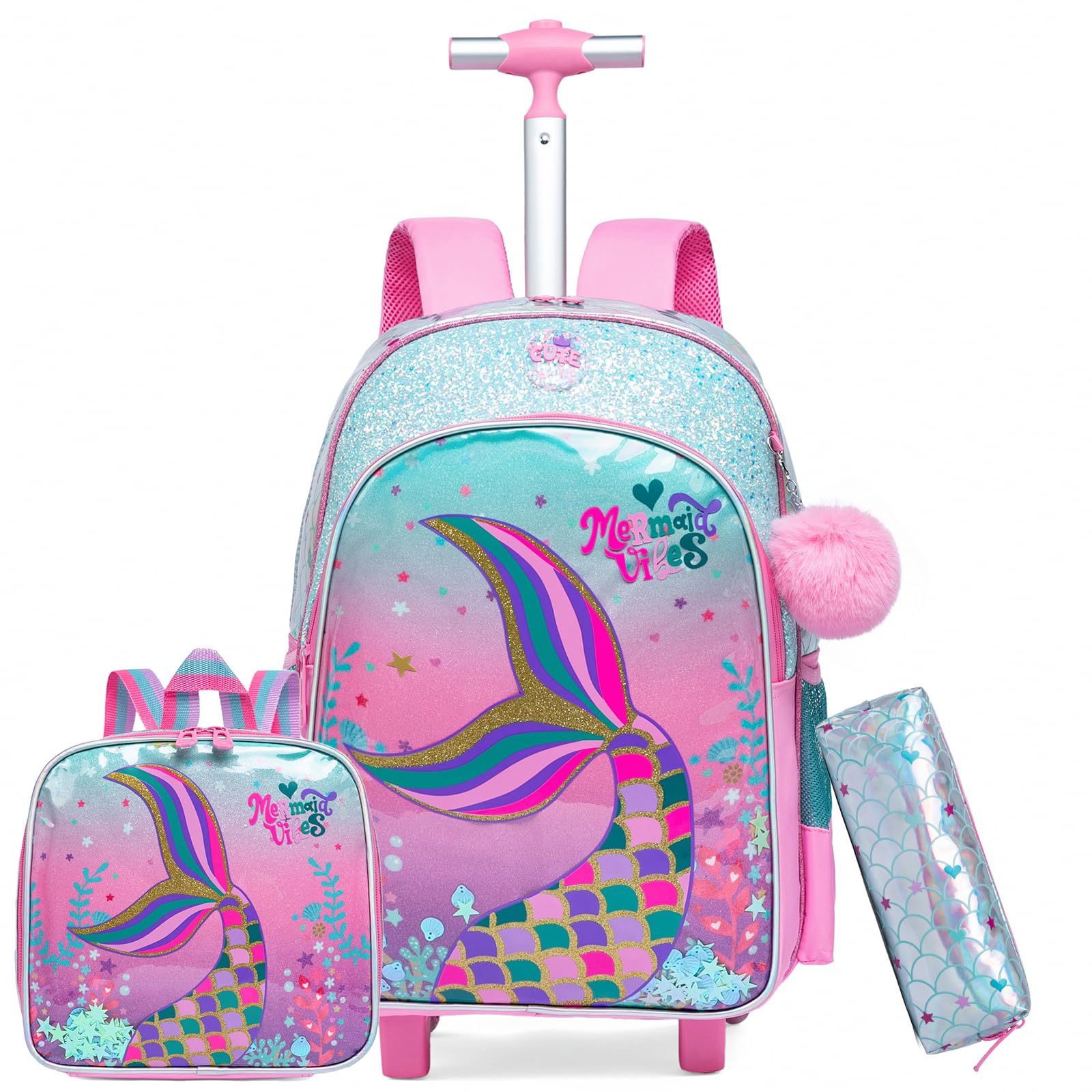 ZBAOGTW Mermaid Rolling Backpack for Girls with Lunch Box Kids Backpack with Wheels for School Cute Kids Rolling Backpacks for Girls Kindergarten