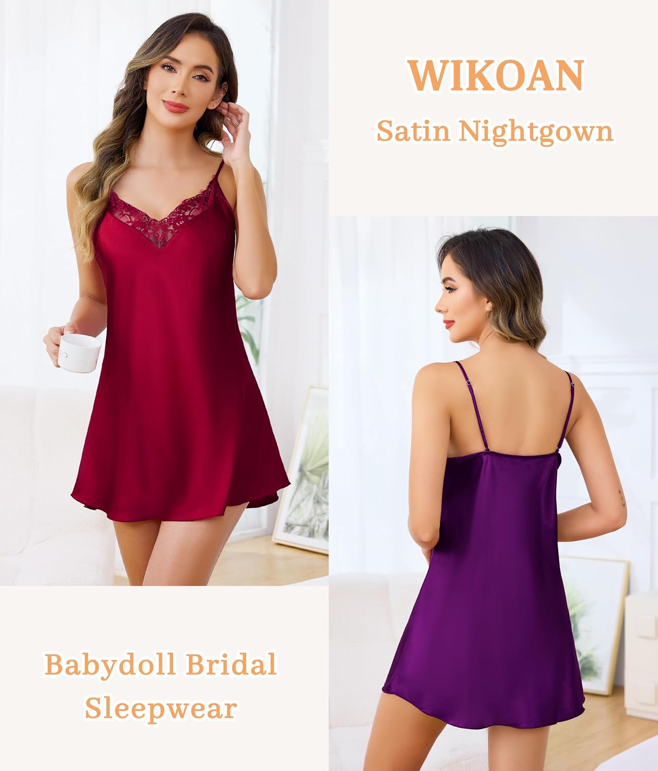 2 Pack Women's Satin Nightgown Sexy Lace V Neck Nighties Silk Dress Babydoll Bridal Sleepwear S-XXL