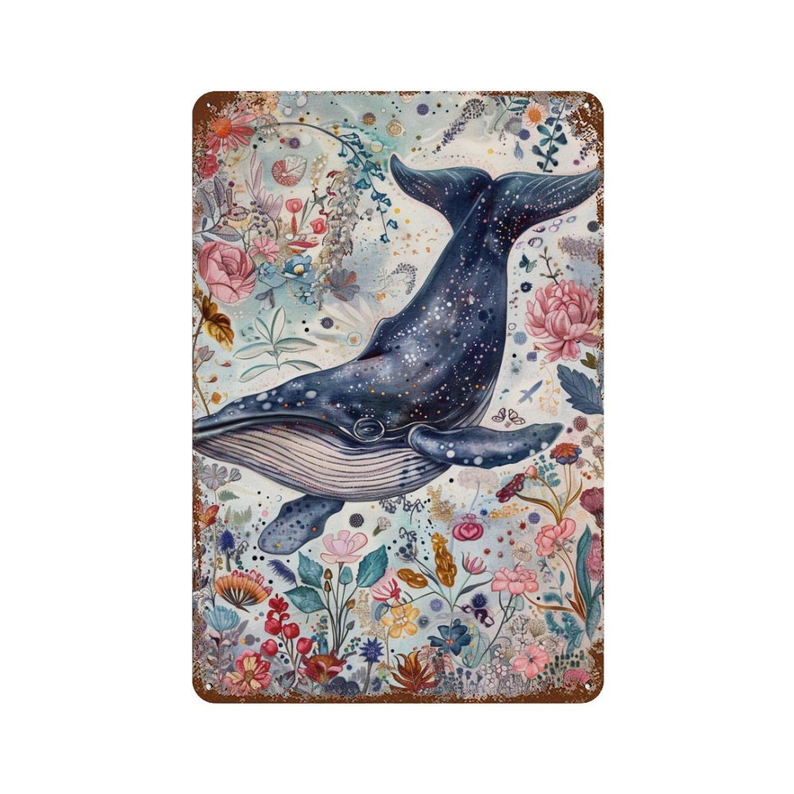 Whale in Floral Fantasy 11.8"x7.9" Decorative Tin Sign, Retro Wall Decor for Garage, Bar And Workshop Decor