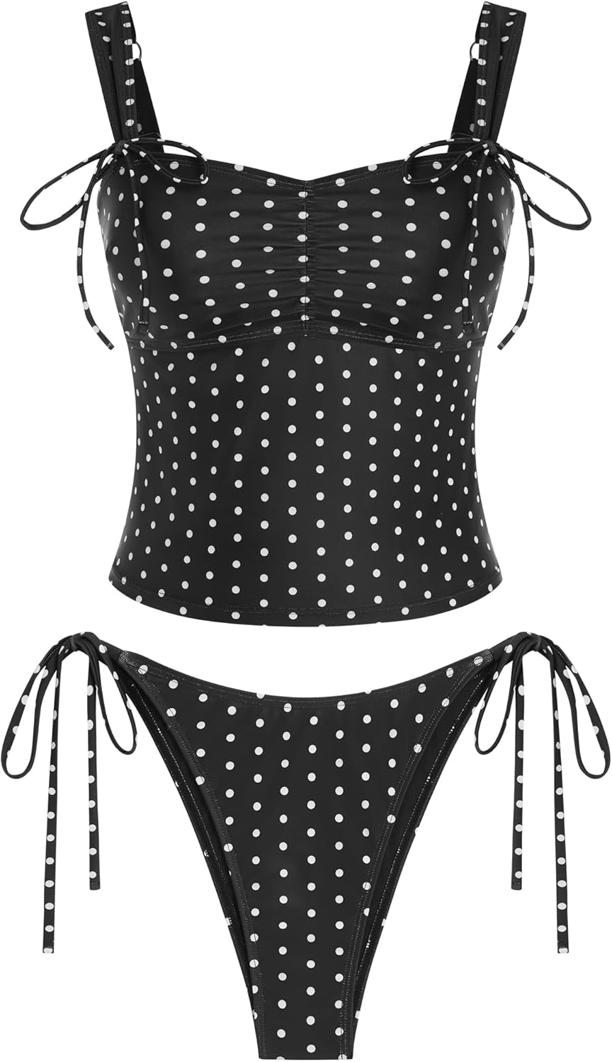 ZAFUL Women's Gingham Ruched Bowknot Decor Cinched Back Tankini Set Tummy Control 2 Piece Bikini Swimsuits