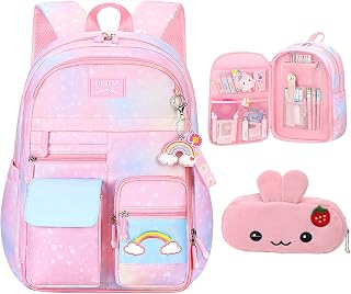 Kawaii Backpack Pink Girls Backpack Starry Rainbow Bookbag Cute Fashion Backpack Laptop Travel Bag (Pink-16.5in)