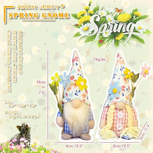 Miniatura 5 de AMOH JERCY Juego de 2 gnomos de primavera, adorno de gnomo con temática de flores de primavera, exquisito tamaño más pequeño de 7.5 pulgadas, pareja