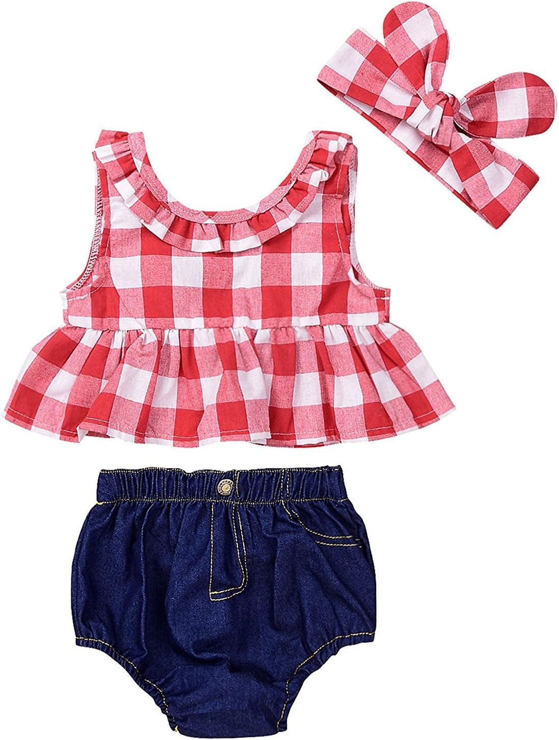 MILWAY Baby Girls Plaid Ruffle Bowknot Tank Top Denim Shorts with Headband Outfits Set (Red, 80/6-12M)