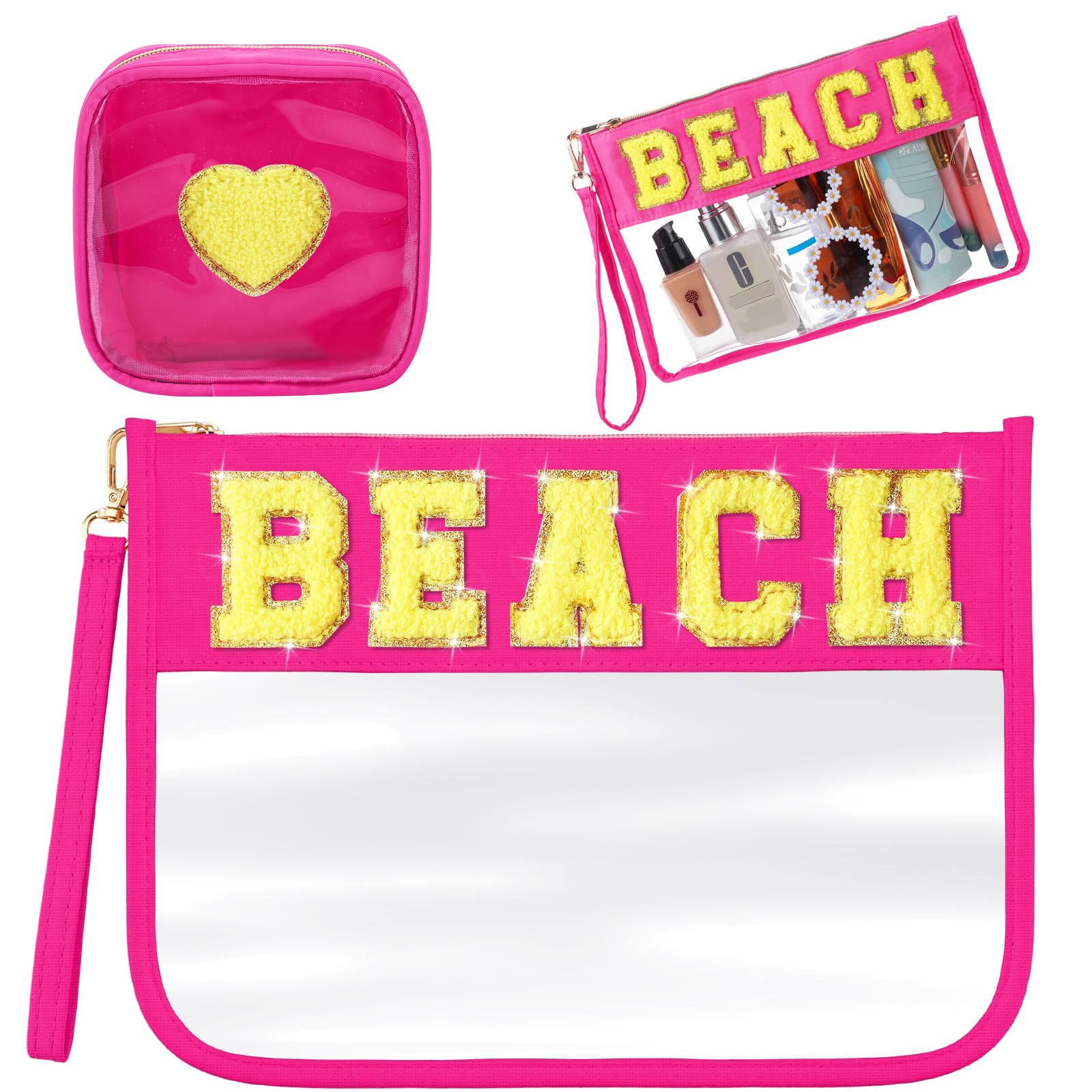 Hillban 2 Pcs Beach Makeup Bag Clear Cosmetic Toiletry Pouch Chenille Letter Patch Bags Preppy Summer Waterproof PVC Travel Purse Snack Portable