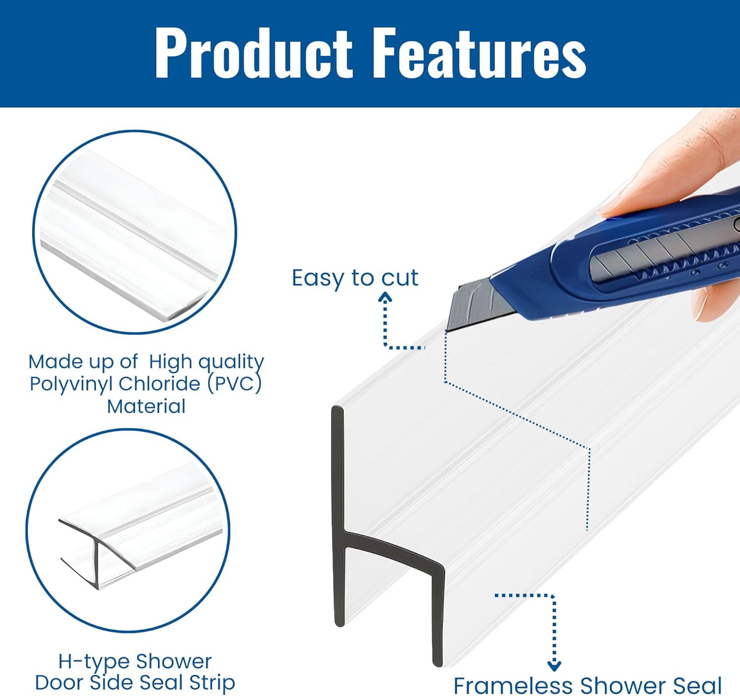 Frameless Shower Door Side Seal Strip H-Type 180 Degree 72 inch Length, Clear (1, 1/4 inch Glass)