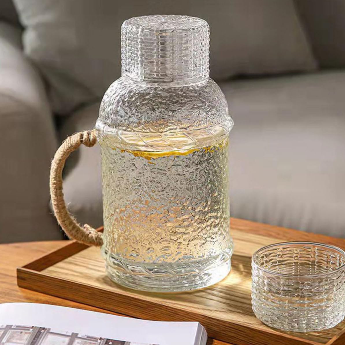 Genérico Jarra de Agua de Vidrio de 2l Tapa, Diseño Antideslizante y Vertido Cómodo Hogar y Fiestas