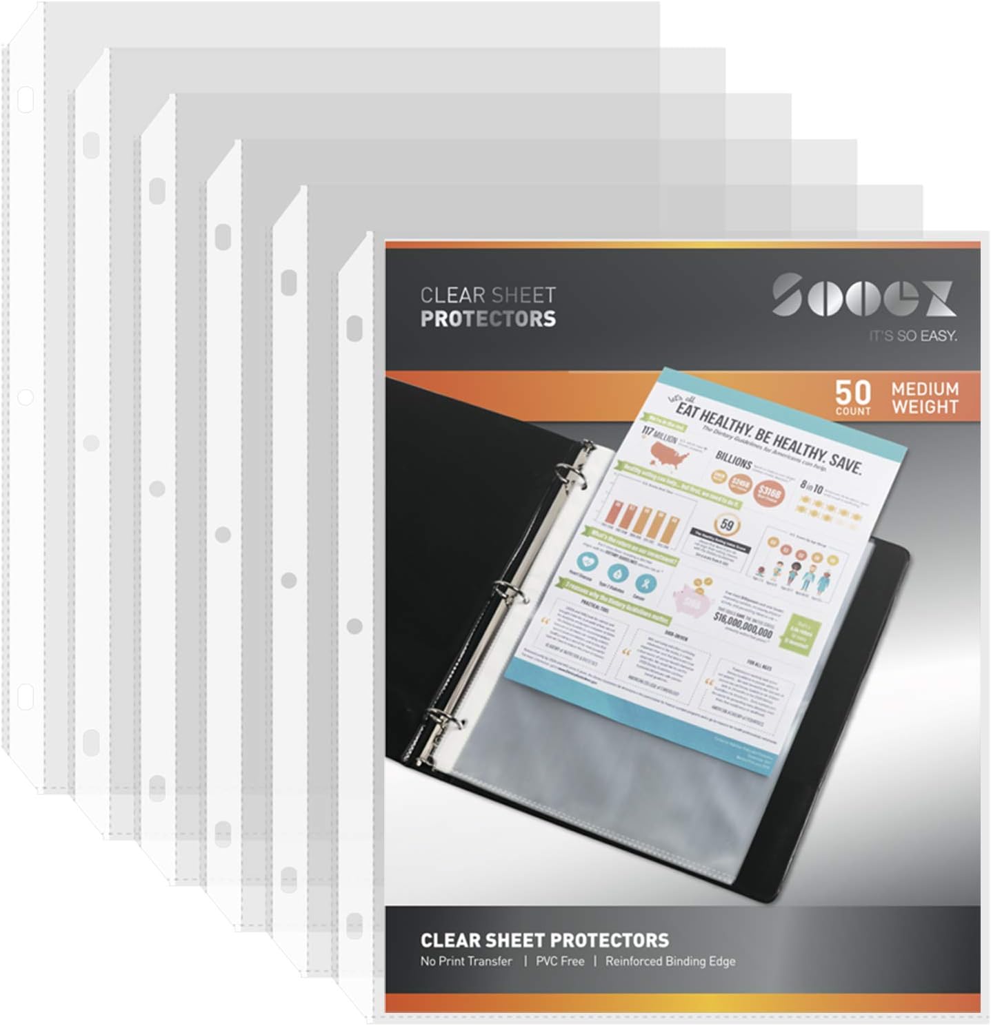 Sooez Clear Sheet Protectors, 50 Page Protectors + 8 Extra Tab Dividers for Standard 8.5x11 Binder Sheets, Protect & Organize Documents Quickly and Easily, 1 Set