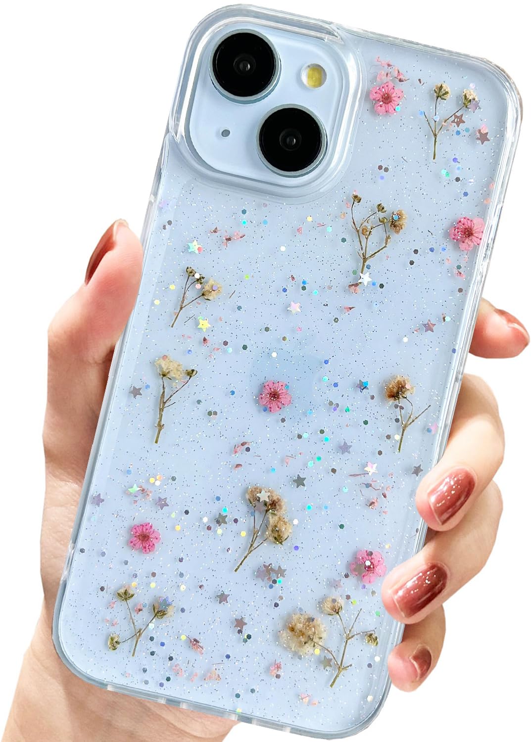 AMART for iPhone 15 Plus/iPhone 14 Plus Case Flowers, Clear with Pressed Dried Flower Cute Glitter Design Women Girls Floral Aesthetic Soft TPU Phone Cover for iPhone 15/14 Plus (6.7 inch)