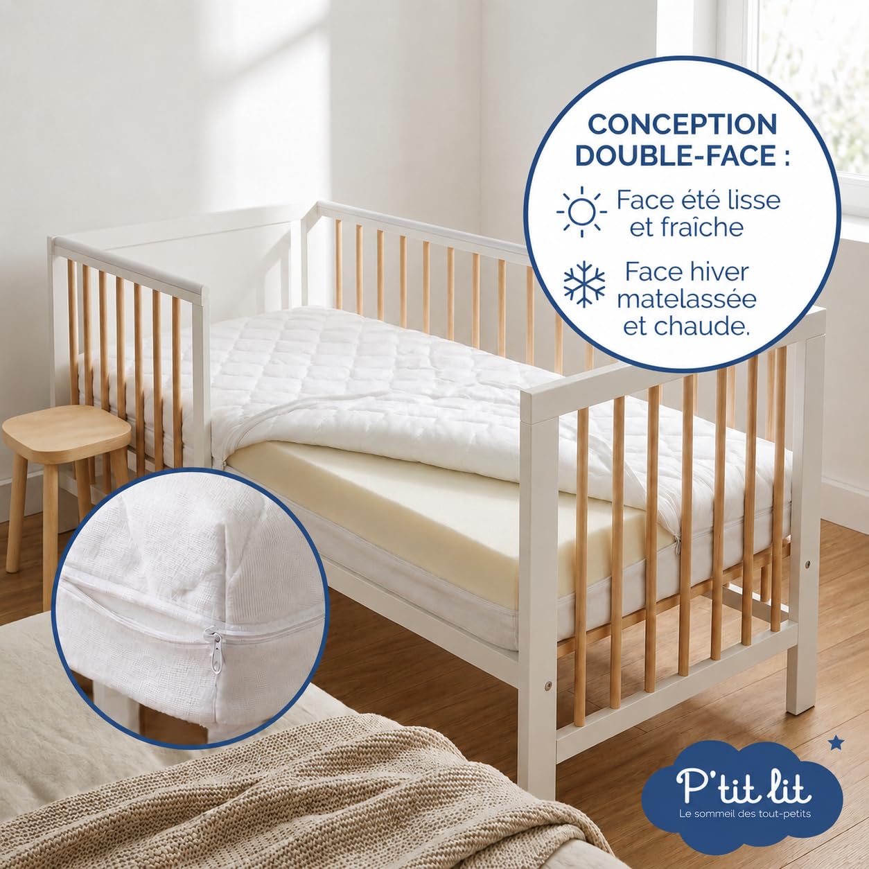 P'tit Lit - Matelas Enfant/Bébé Climatisé - 70x140 cm - 1 face Été fraîche / 1 face Hiver ouatinée - Anti Acarien - Déhoussable - Oeko Tex - Fabrication Française