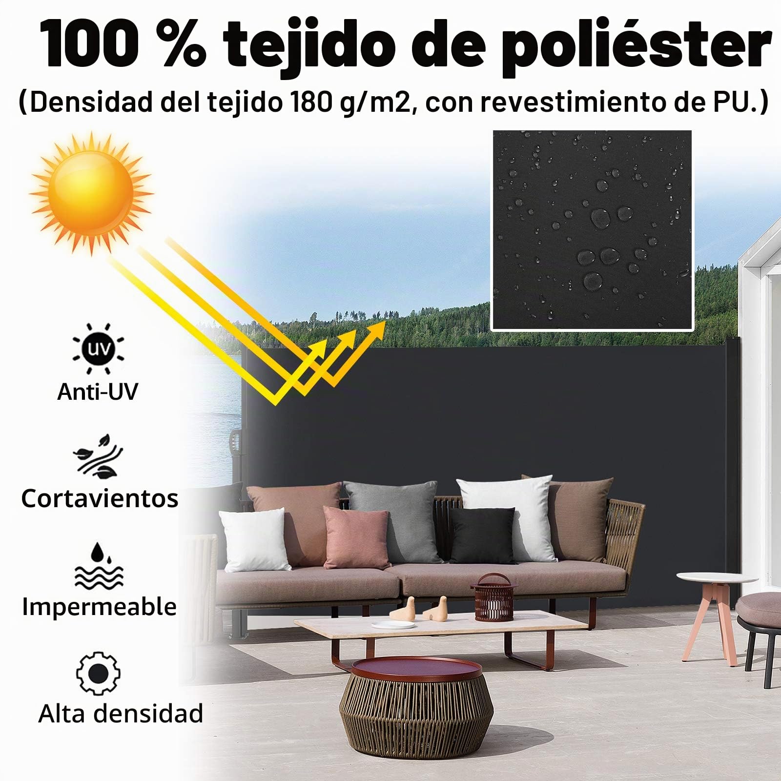 Froadp 180x600cm Toldos de Exterior para Patio Carpas Mampara de Poliéster Resistente Biombos Lateral Retráctil para Balcón y Terrazas Verticales Pergolas Protege la Privacidad y Solar (Antracita)