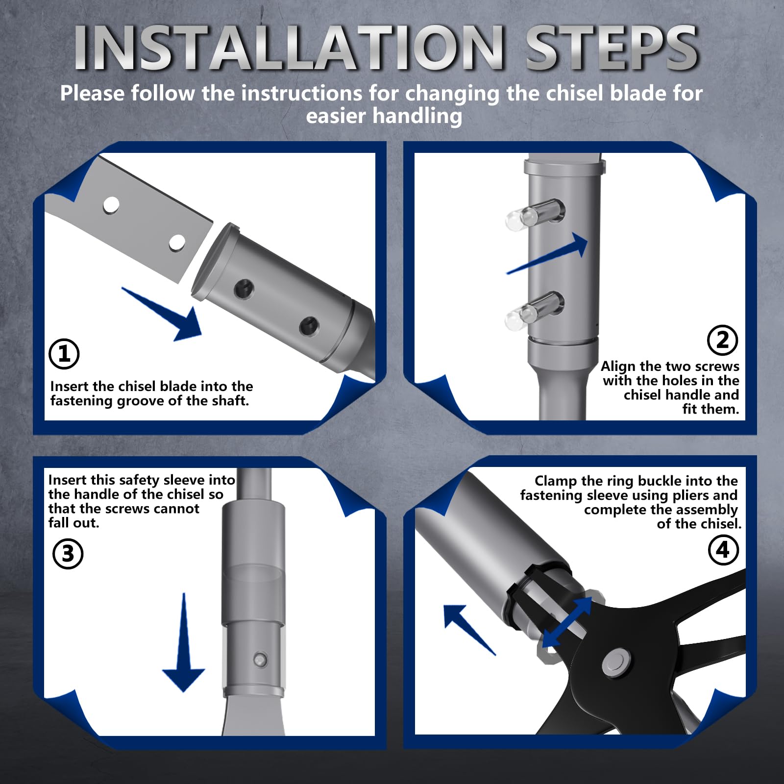 Ensemble de ciseaux de 75 mm et 110 mm avec tiges SDS Plus, kit d'outils en acier 40Cr comprenant 4 lames de rechange et un étui de rangement de qualité supérieure pour carrelage, béton, maçonnerie et
