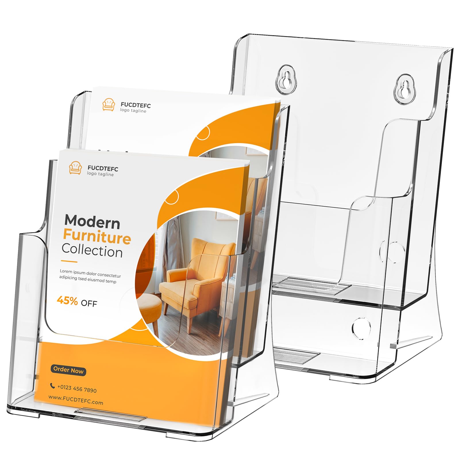 FUCDTEFC 2 Pack Acrylic Brochure Holder 8.5x11 & 4 x9 Inches, Clear 2 Tier Literature Magazine Stand Brochure Display Stand w Removable Divider