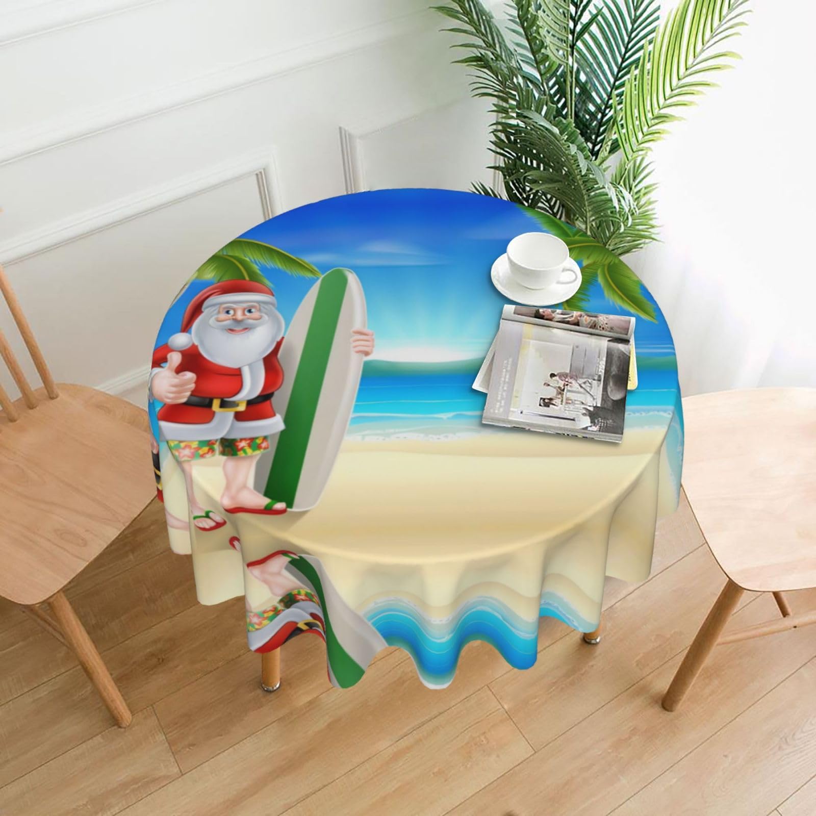 WHJSSF Santa Claus With The Beach And Surfboard Prints Round Decorative Table Throw 60 Inch – Waterproof Table Cover for Dining, Coffee Tables, and Outdoor Events
