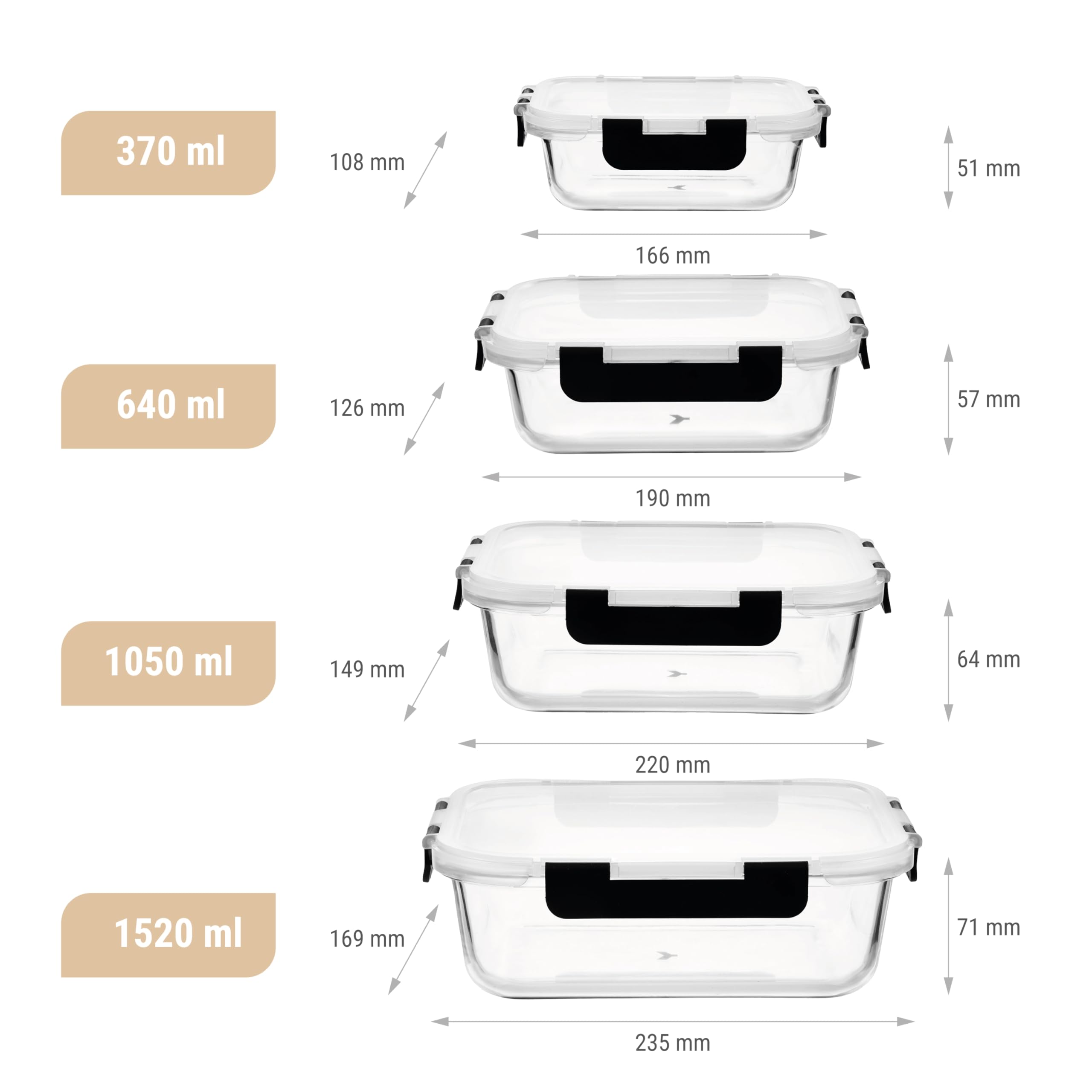 KUUKA Szklane pojemniki na żywność z pokrywkami – zestaw 370 ml + 640 ml + 1050 ml + 1520 ml, hermetyczne, szkło borokrzemowe, do mikrofali i zamrażarki