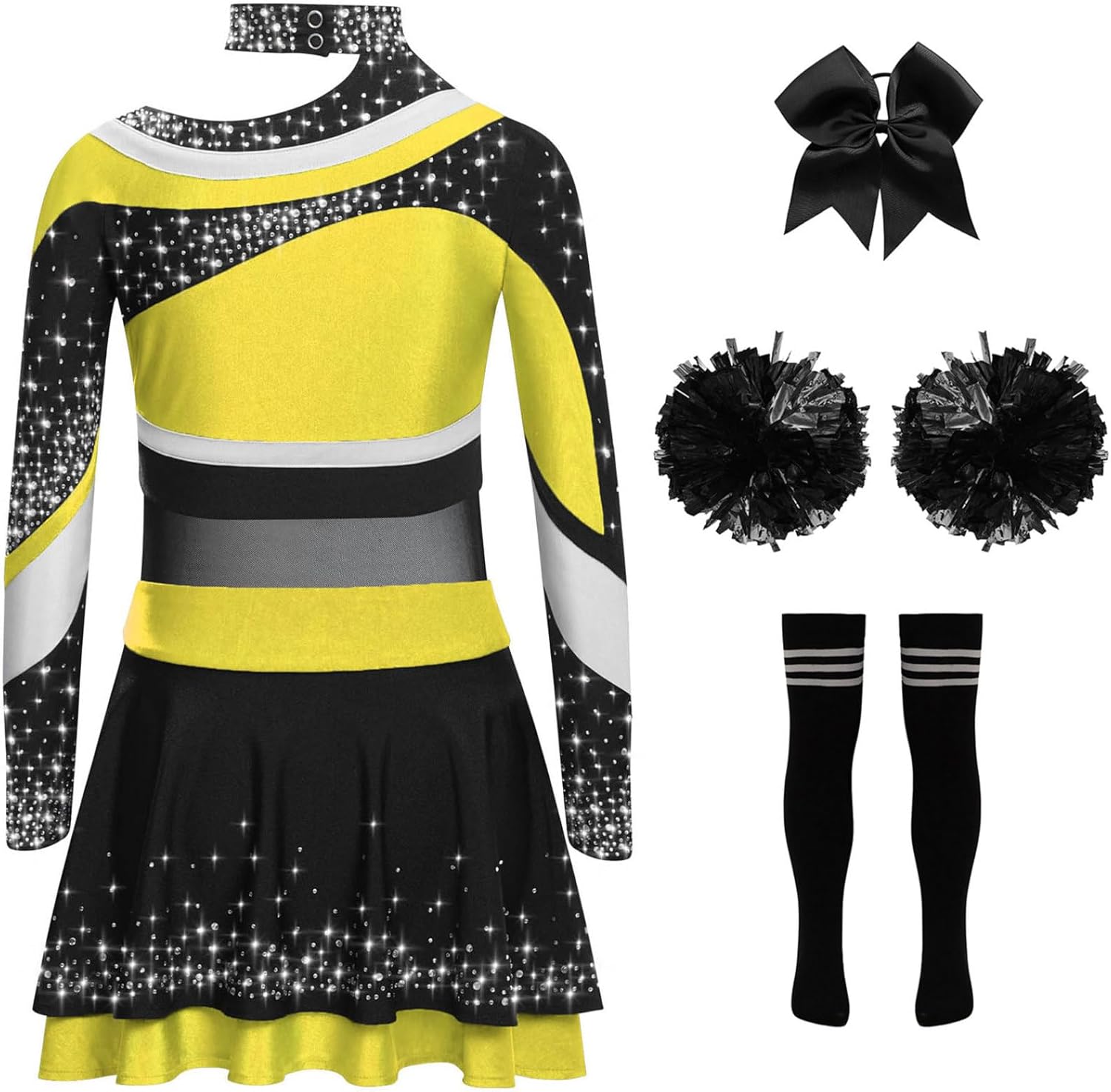 Kids Girls Cheer Leader Uniform Cheerleading Outfit Halloween Cheer Dance Top Skirt Set with Pom Poms Yellow Black 16 Years