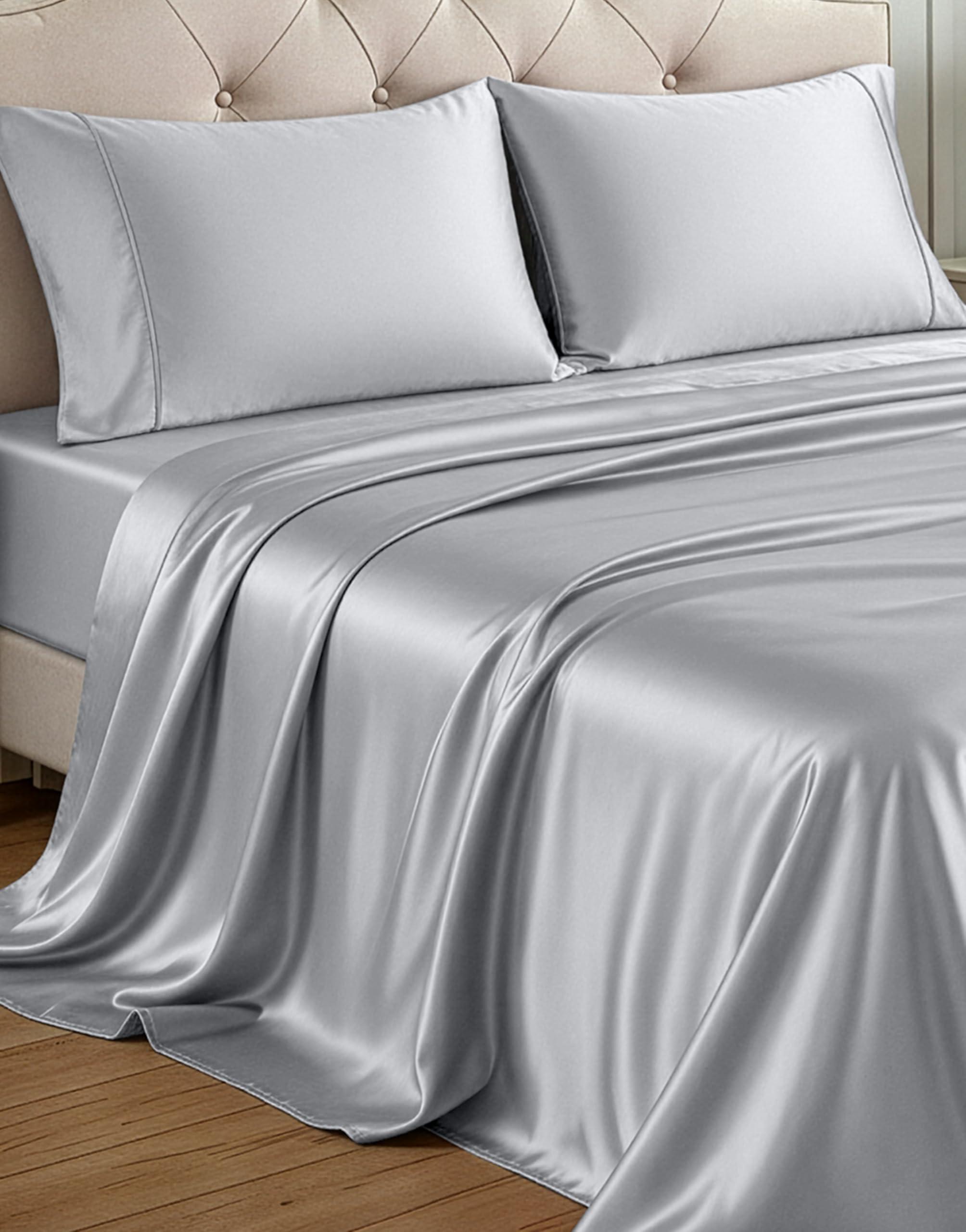 Casa Platino Queen Satin Sheets Set - Breathable Smooth Bed Sheets Queen Size Ideal for Hot Sleepers Fitted