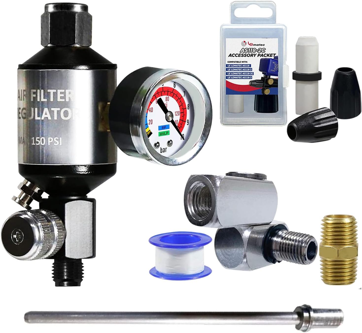 LE LEMATEC Air Compressor Regulator, Swivel Connector, Sandblaster Kit & Long Nozzle