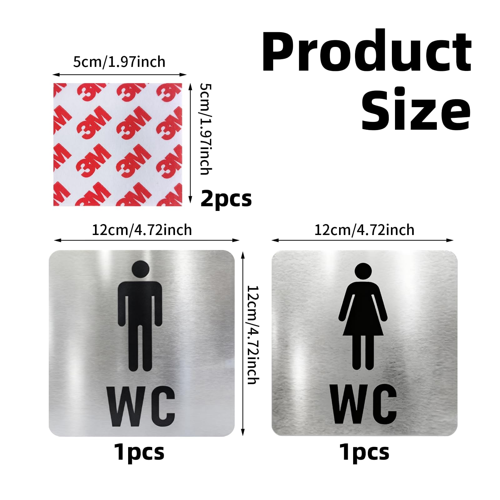 2pcs Simbolos Baño, Placas Cartel WC Acero Inoxidable 12x12 cm – Juego de Carteles Baño Mujer y Hombre – Señalización Resistente con 2 Adhesivos Fuertes 50x50 mm – Instalación Sencilla